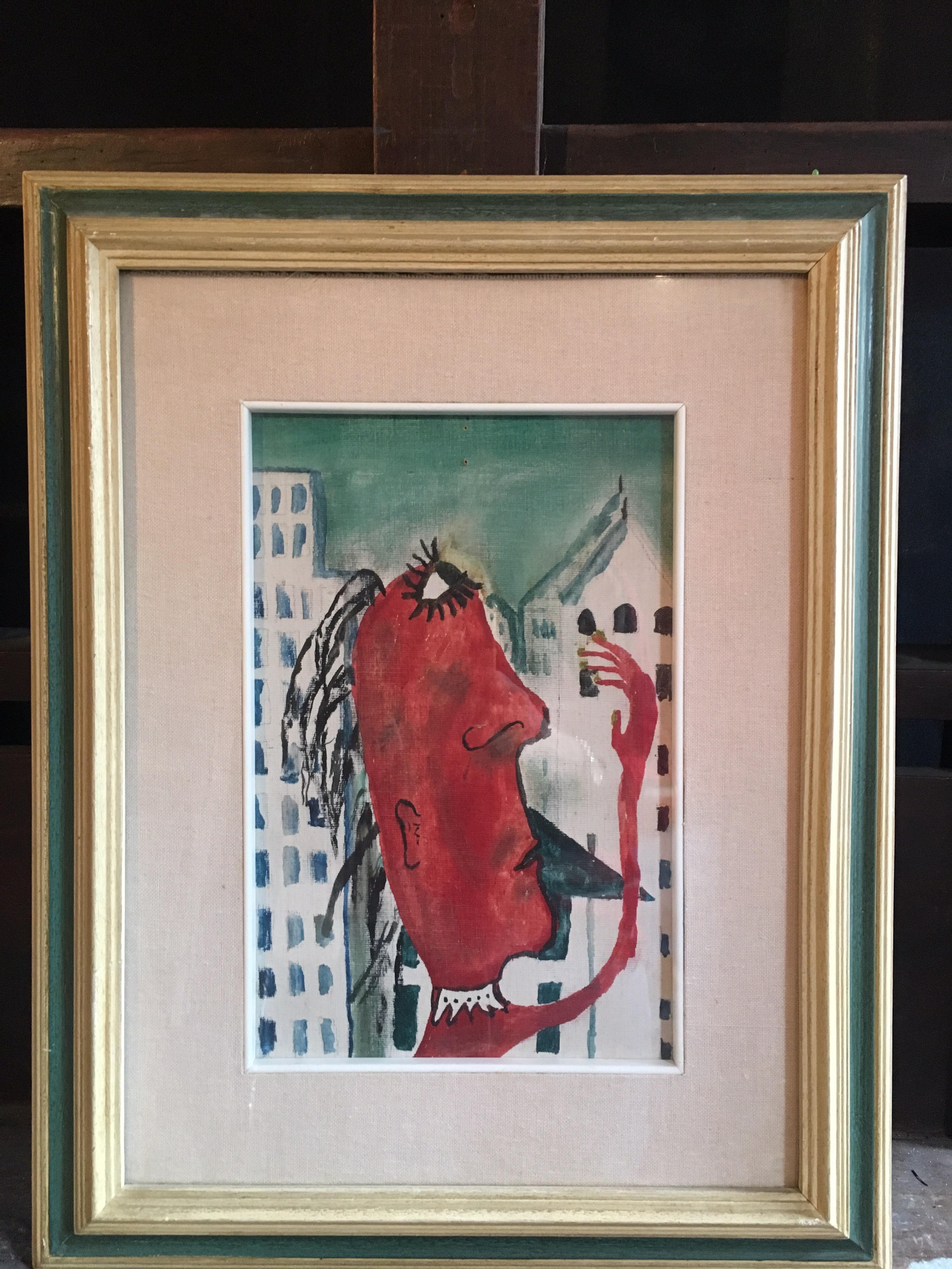 Abstract Portrait, Red Colour, Stylised, Glazed Frame
By European schooled artist, Late 20th Century
Gouache and Ink on canvas
Framed size: 14.5 x 16 inches

Wonderfully unusual portrait of a lone figure, painted in a highly stylised and fashionable