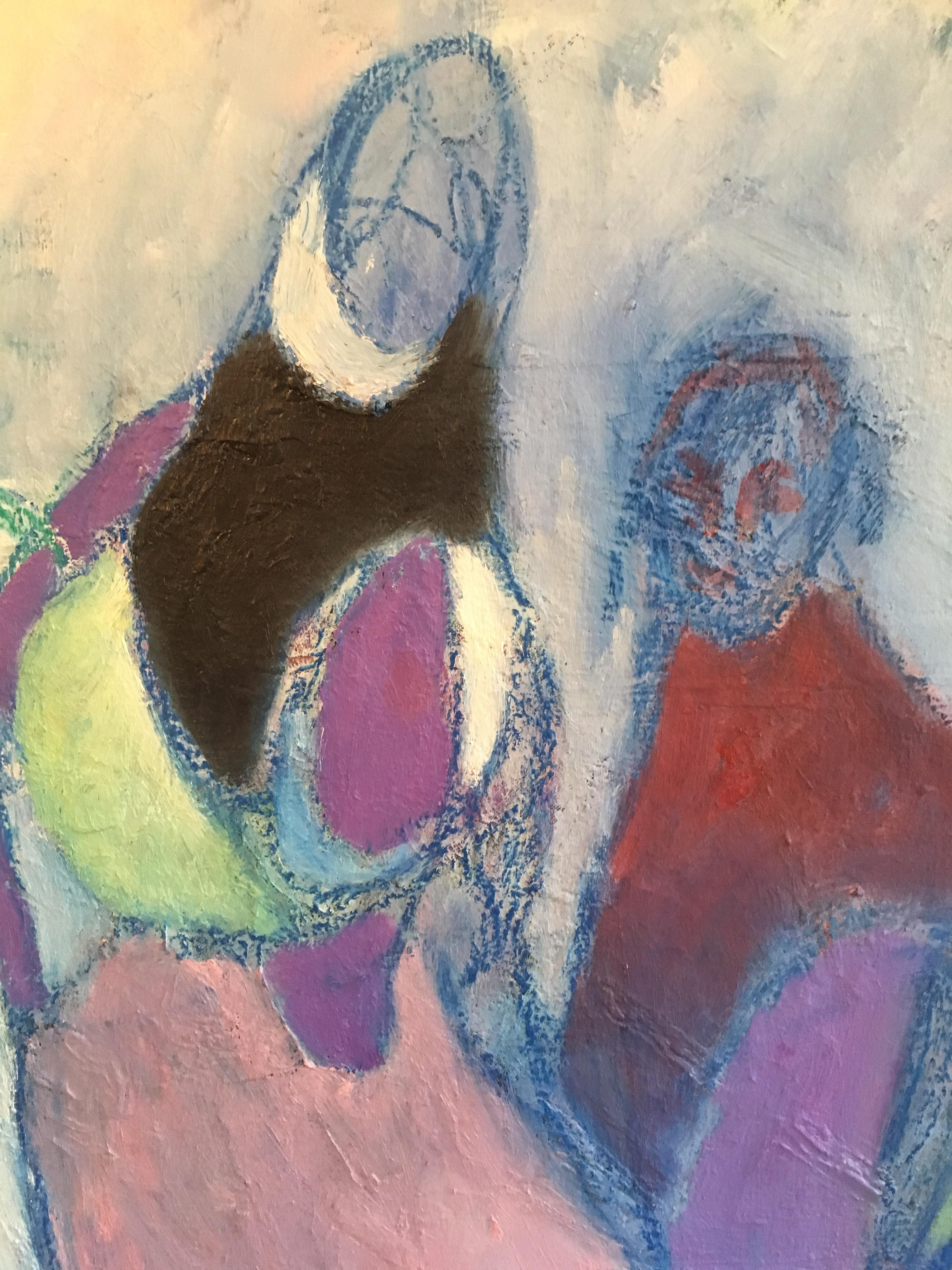 Très grandes figures cubistes abstraites françaises multicolores dansant - Peinture à l'huile originale  - Gris Portrait Painting par Akos Biro
