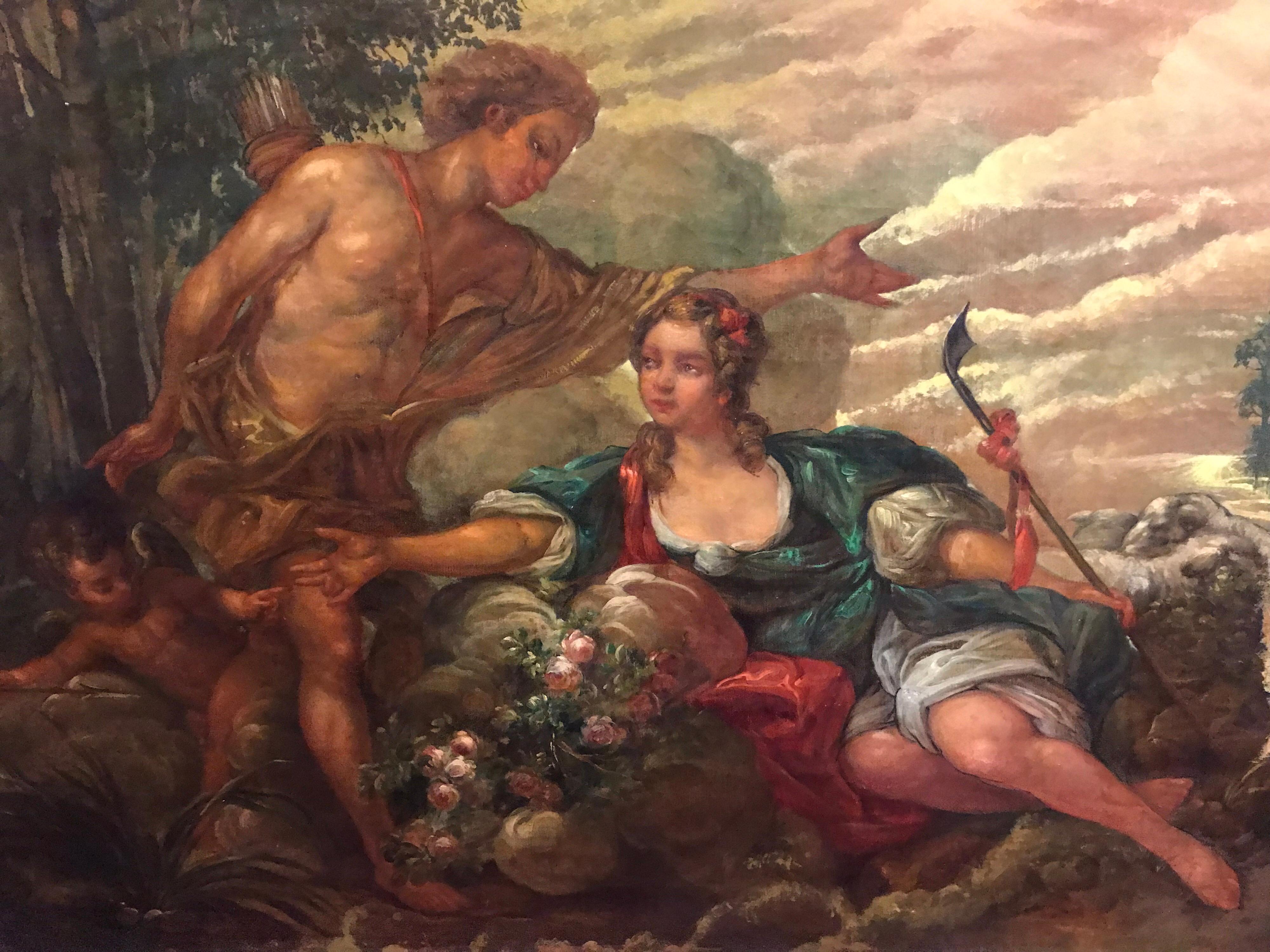 Landscape Painting French Rococo - Grande peinture à l'huile rococo française ancienne - Lovers mythologiques dans un paysage