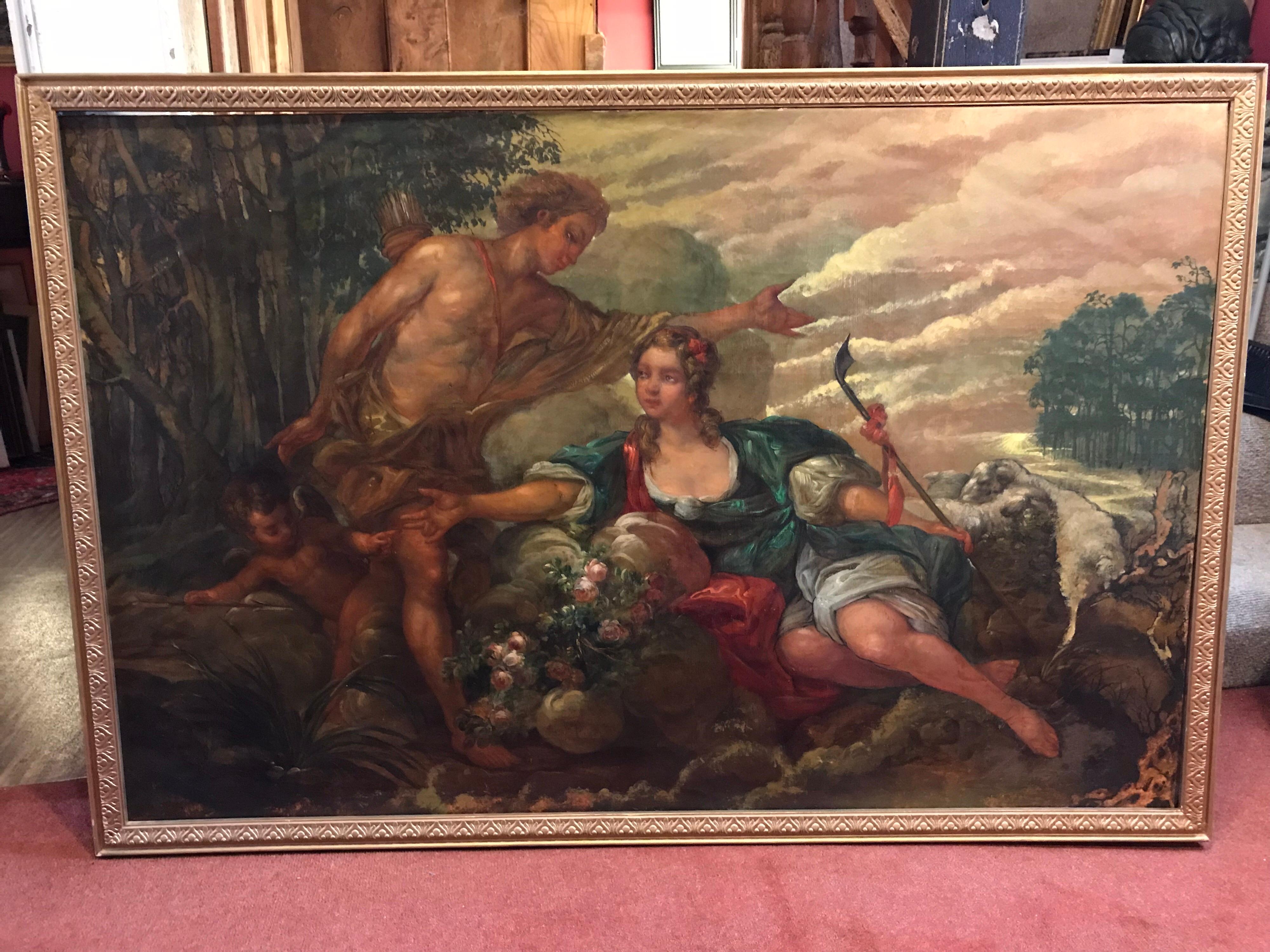 Grande peinture à l'huile rococo française ancienne - Lovers mythologiques dans un paysage - Rococo Painting par French Rococo