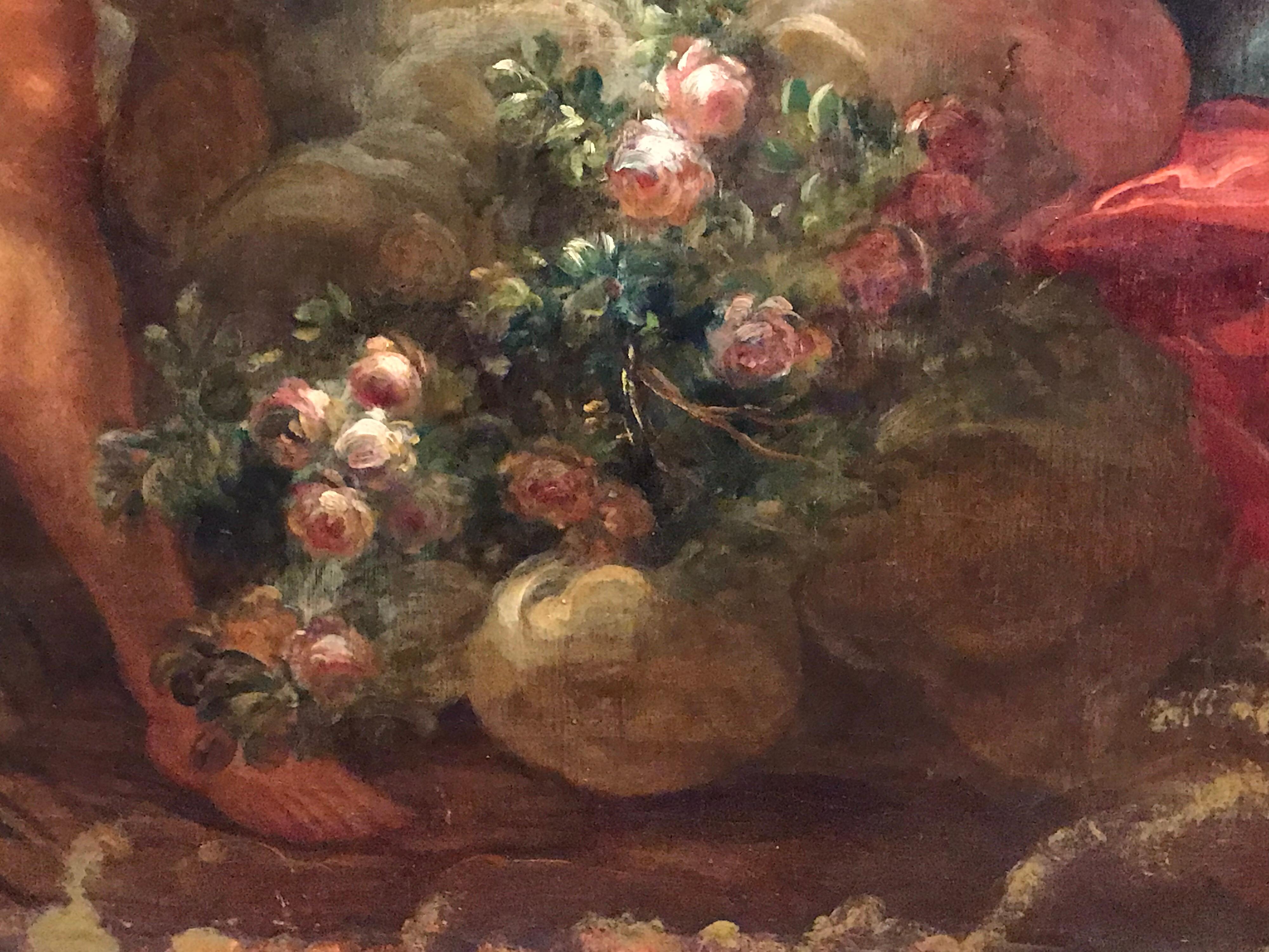 Grande peinture à l'huile rococo française ancienne - Lovers mythologiques dans un paysage - Marron Landscape Painting par French Rococo