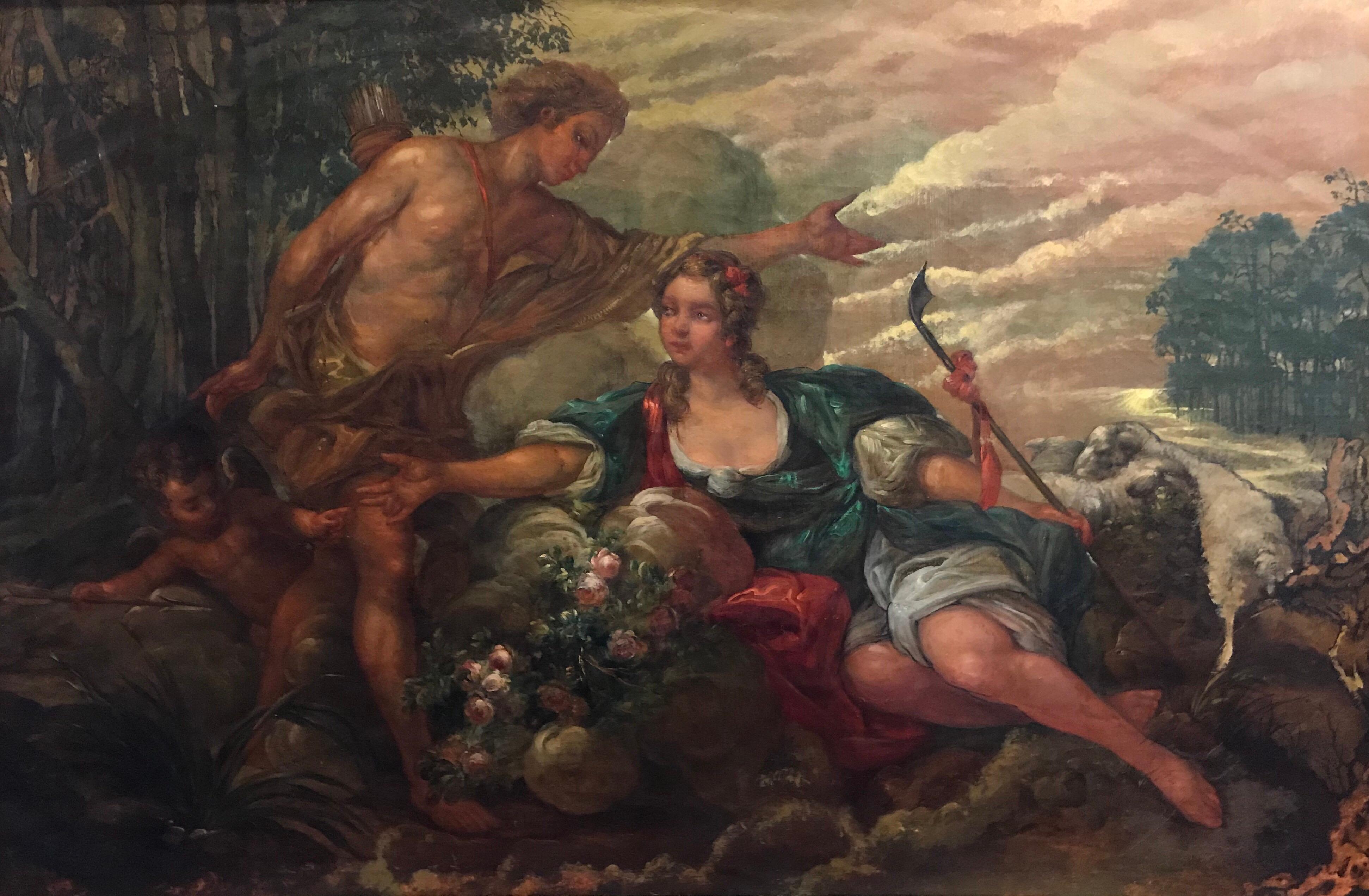 Grande peinture à l'huile rococo française ancienne - Lovers mythologiques dans un paysage - Painting de French Rococo