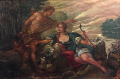 Huge Antique French Rococo Oil Painting Mythological Lovers in Landscape