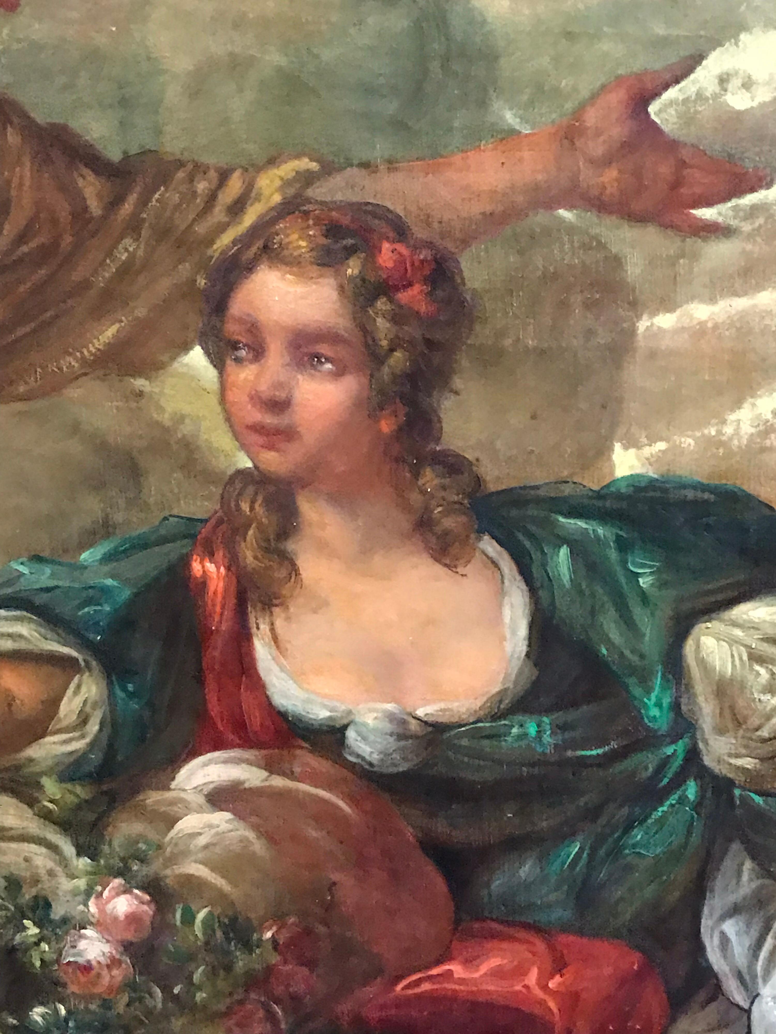 Enorme dipinto a olio di Antique French Rococo con amanti mitologici in un paesaggio - Landscape Painting Marrone di Unknown
