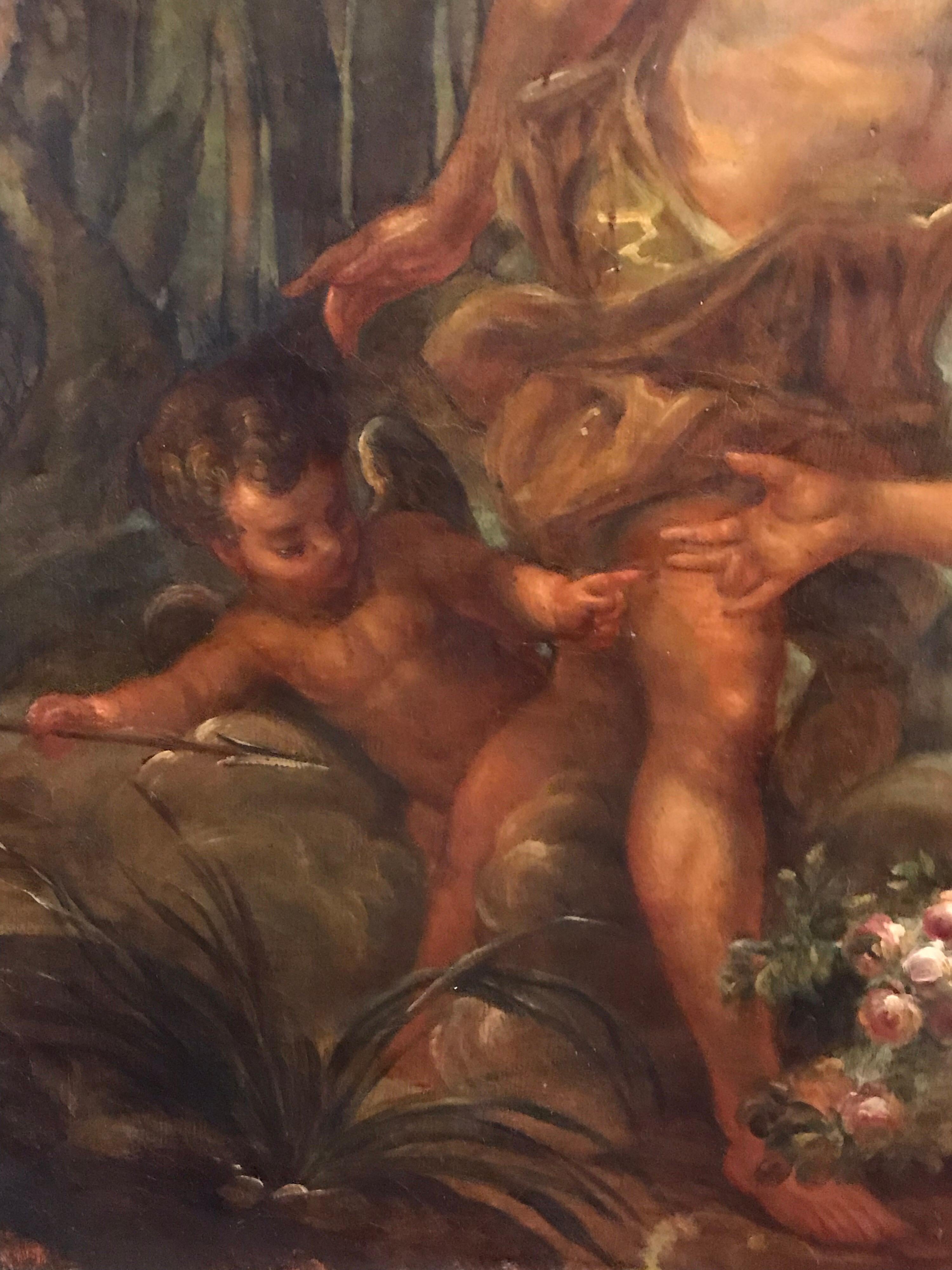 Grande peinture à l'huile rococo française ancienne - Lovers mythologiques dans un paysage en vente 2