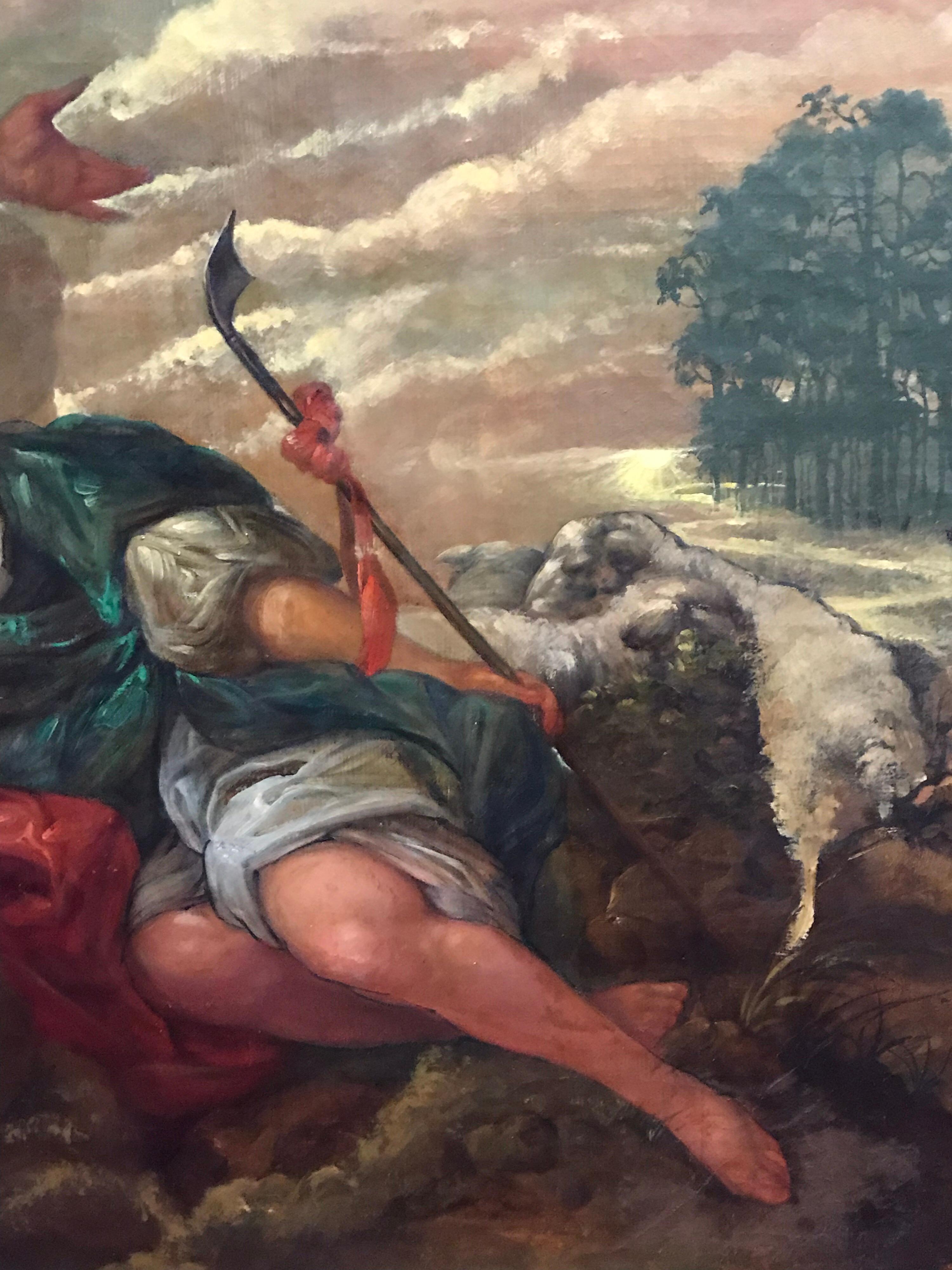 Grande peinture à l'huile rococo française ancienne - Lovers mythologiques dans un paysage en vente 1