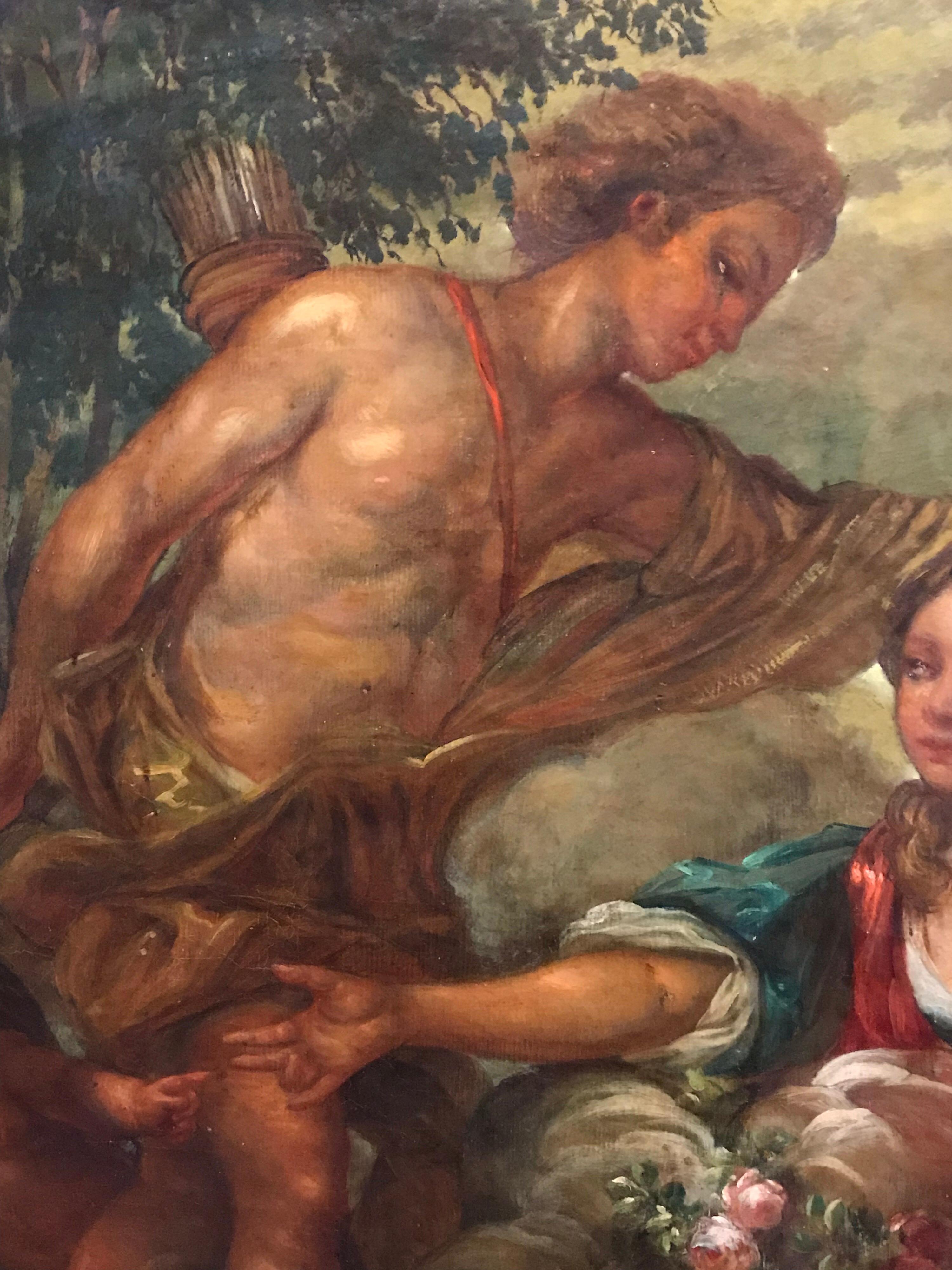 Grande peinture à l'huile rococo française ancienne - Lovers mythologiques dans un paysage en vente 3