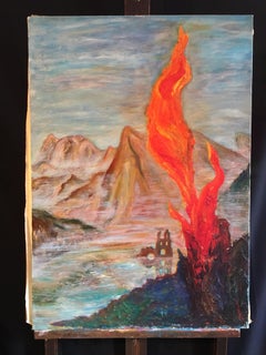 Montagne astratte, scena stilizzata, pittura a olio colorata, firmato