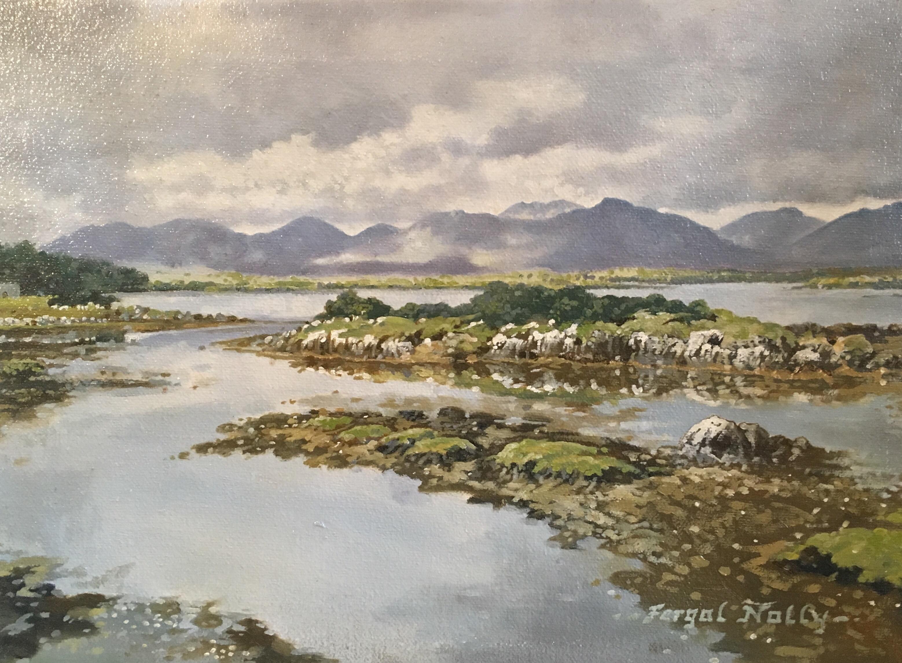 Fergal Nolly Still-Life Painting - Cloudy Irish Mountains and Estuary, Impressionist Oil, Signed