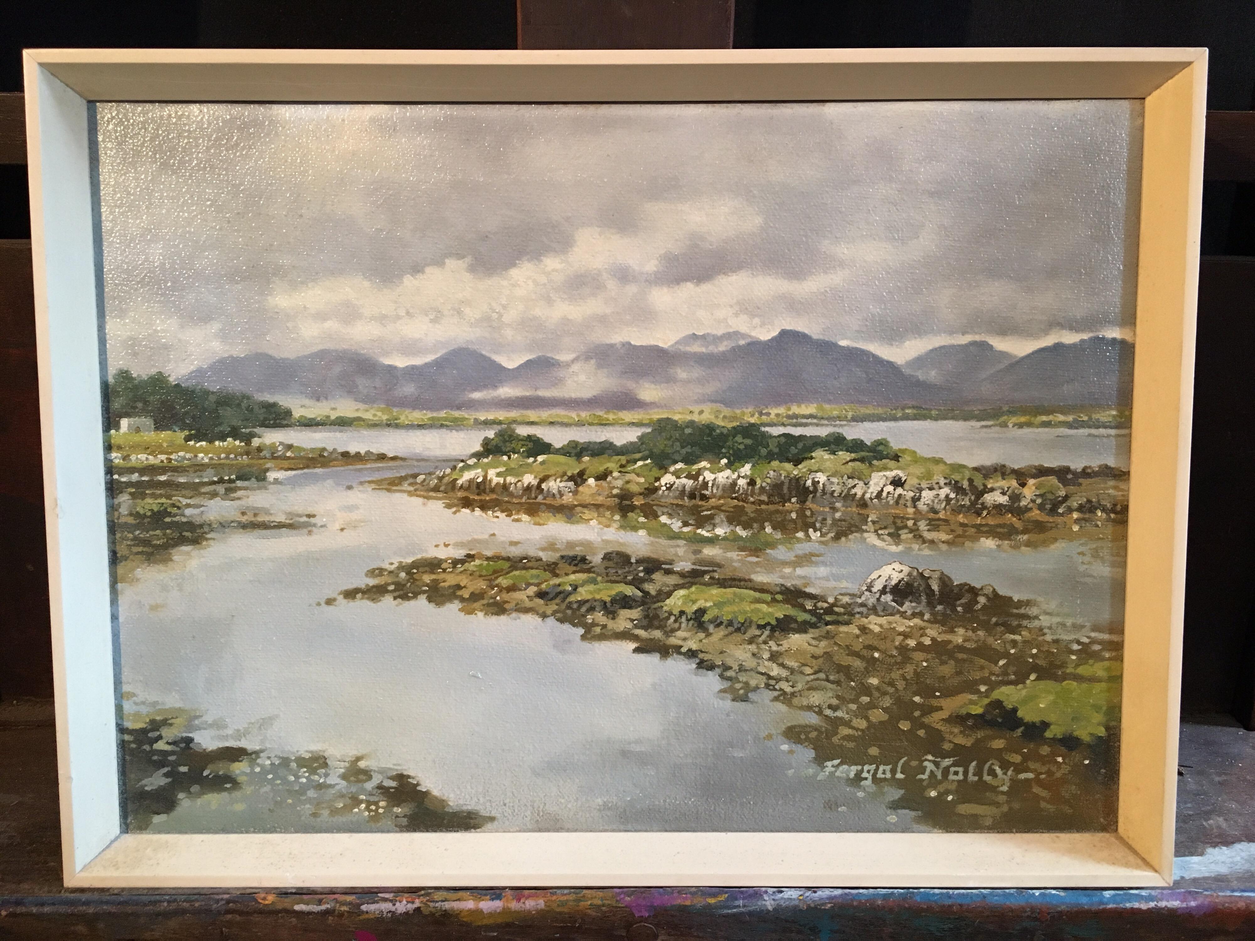 Cloudy Irish Mountains and Estuary, Impressionist Oil, Signed - Painting by Fergal Nolly