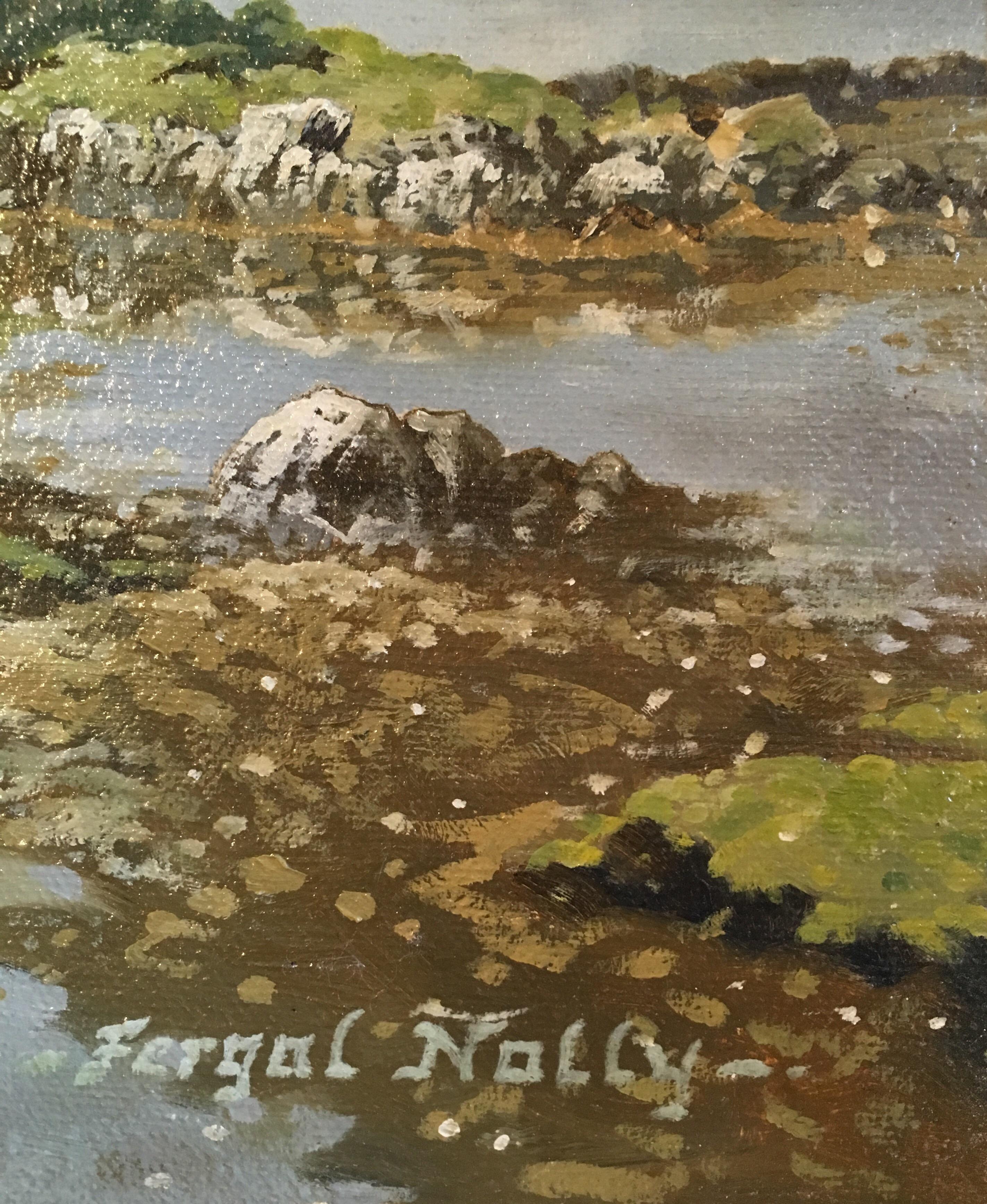 Montagne irlandesi nuvolose ed estuario, olio impressionista, firmato - Painting Impressionismo di Fergal Nolly