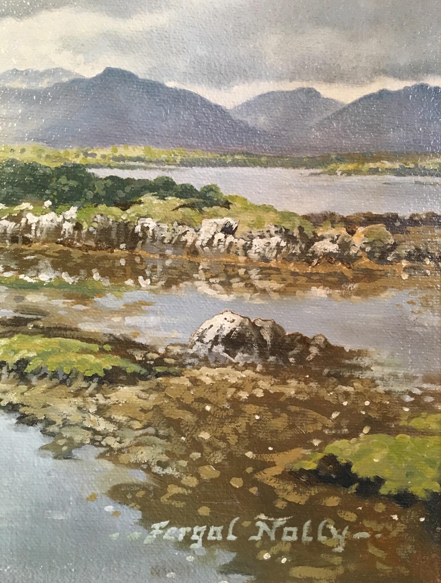 Cloudy Irish Mountains and Estuary, Impressionist Oil, Signed - Brown Still-Life Painting by Fergal Nolly