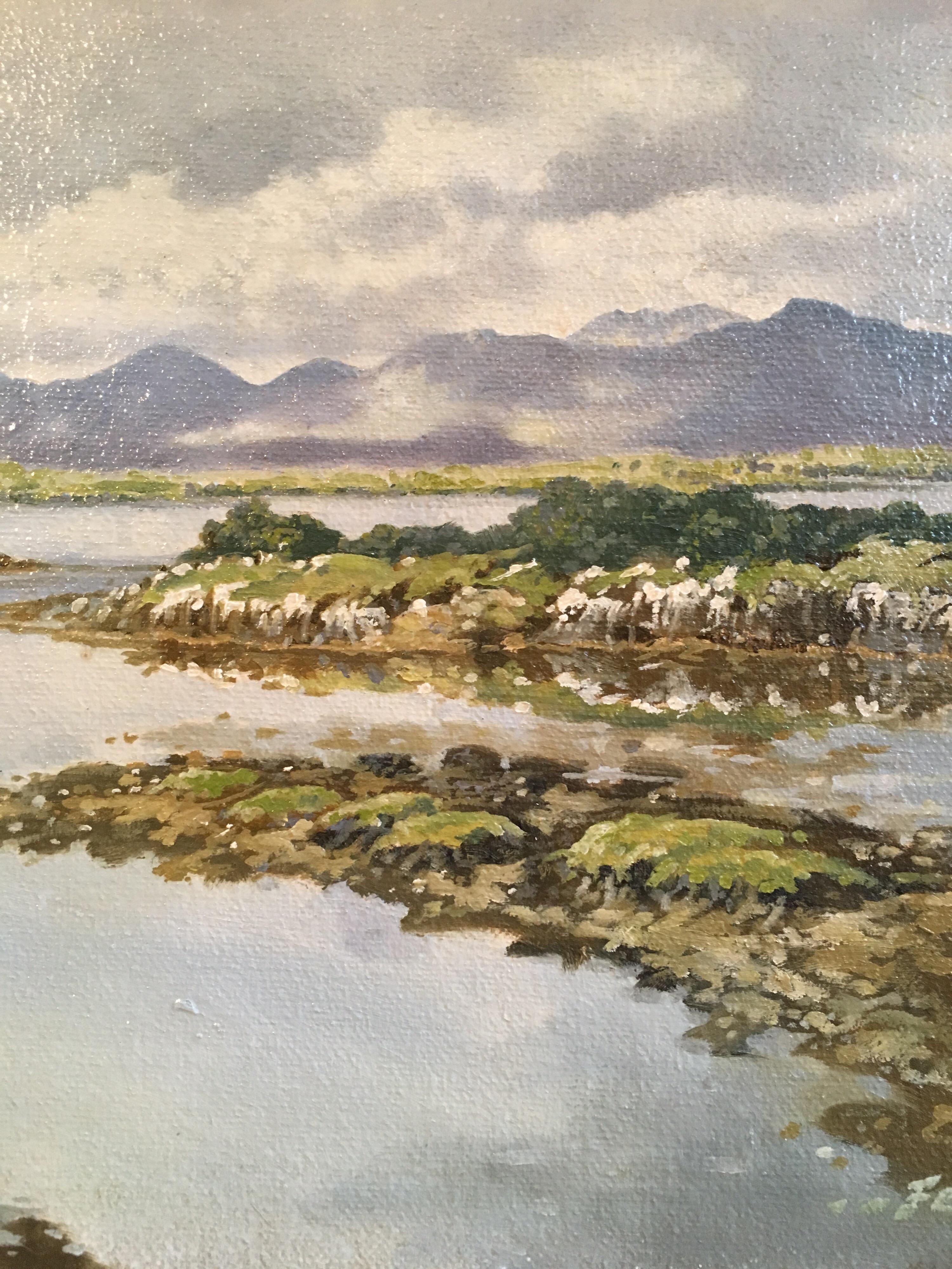 Cloudy Irish Mountains and Estuary, Impressionist Oil, Signed
by Irish artist, Fergal Nolly, 20th Century
signed, lower right hand corner,
oil painting on canvas, framed
Framed size: 11 x 14.5 inches

Wonderful Irish Impressionist landscape painted