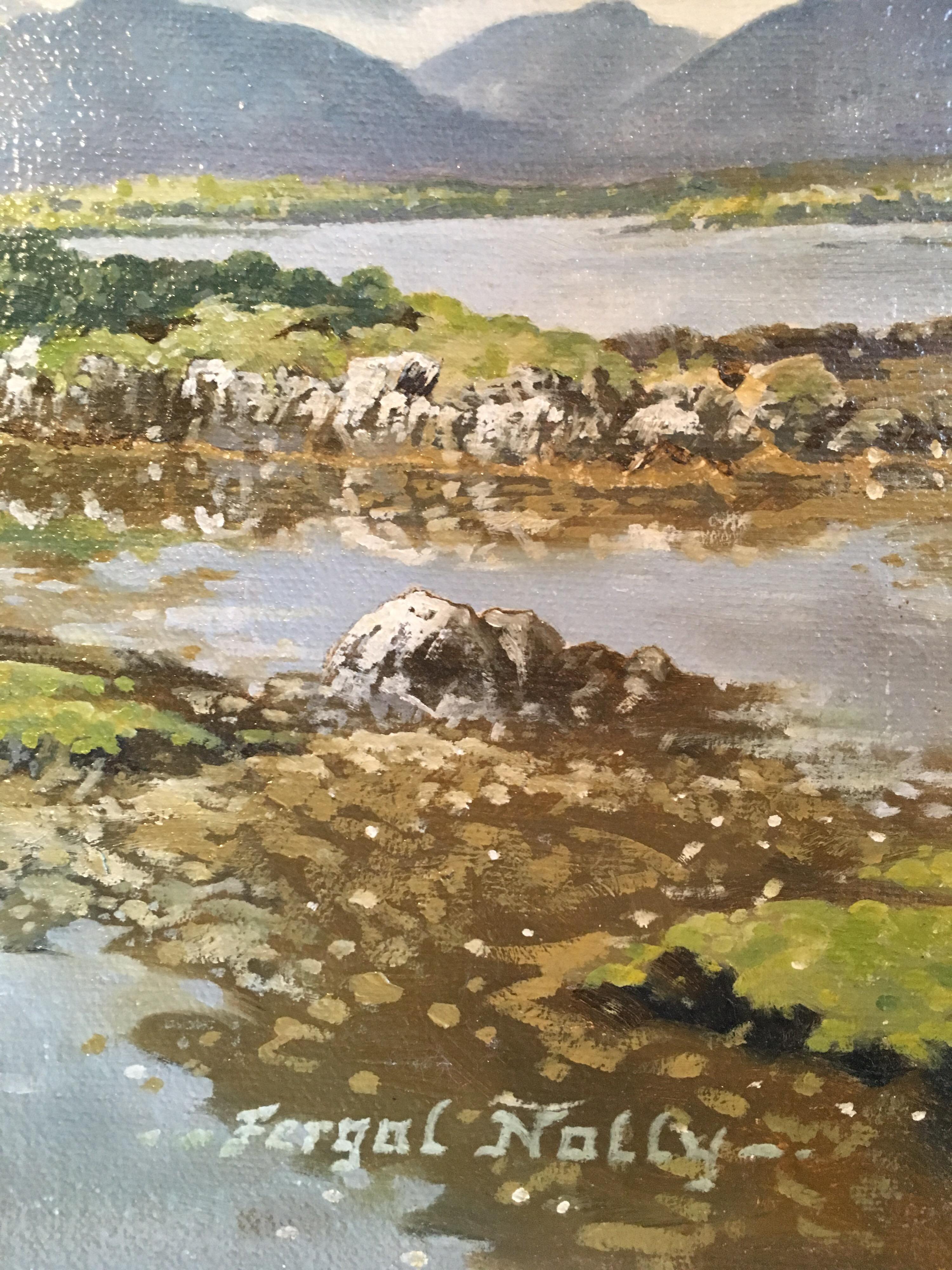 Cloudy Irish Mountains and Estuary, Impressionist Oil, Signed For Sale 1