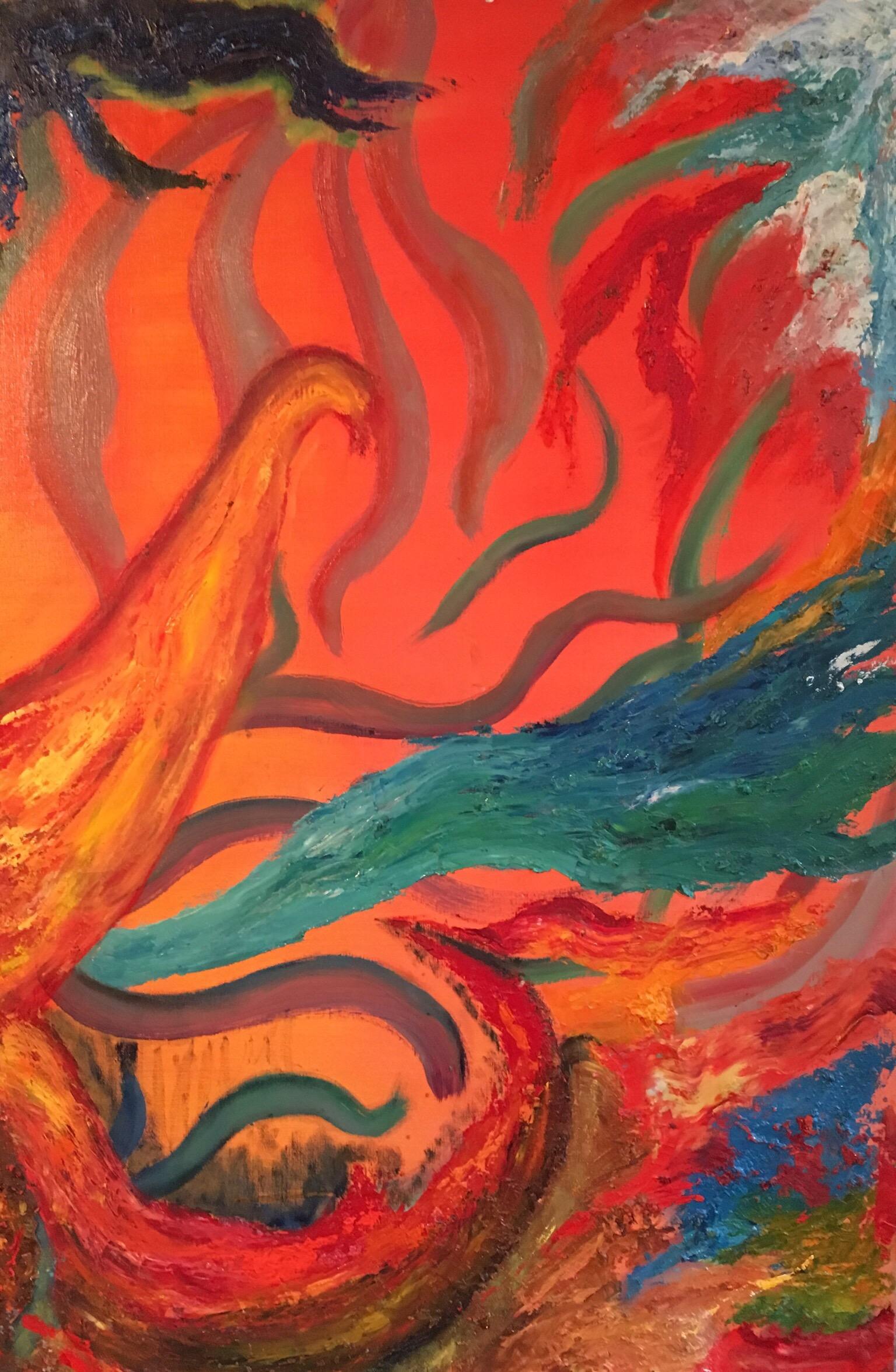 Sophie Danielle Rubinstain Abstract Painting - Fiery Abstract, Orange Colour, Original Oil Painting