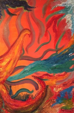 Astratto infuocato, colore arancione, pittura a olio originale