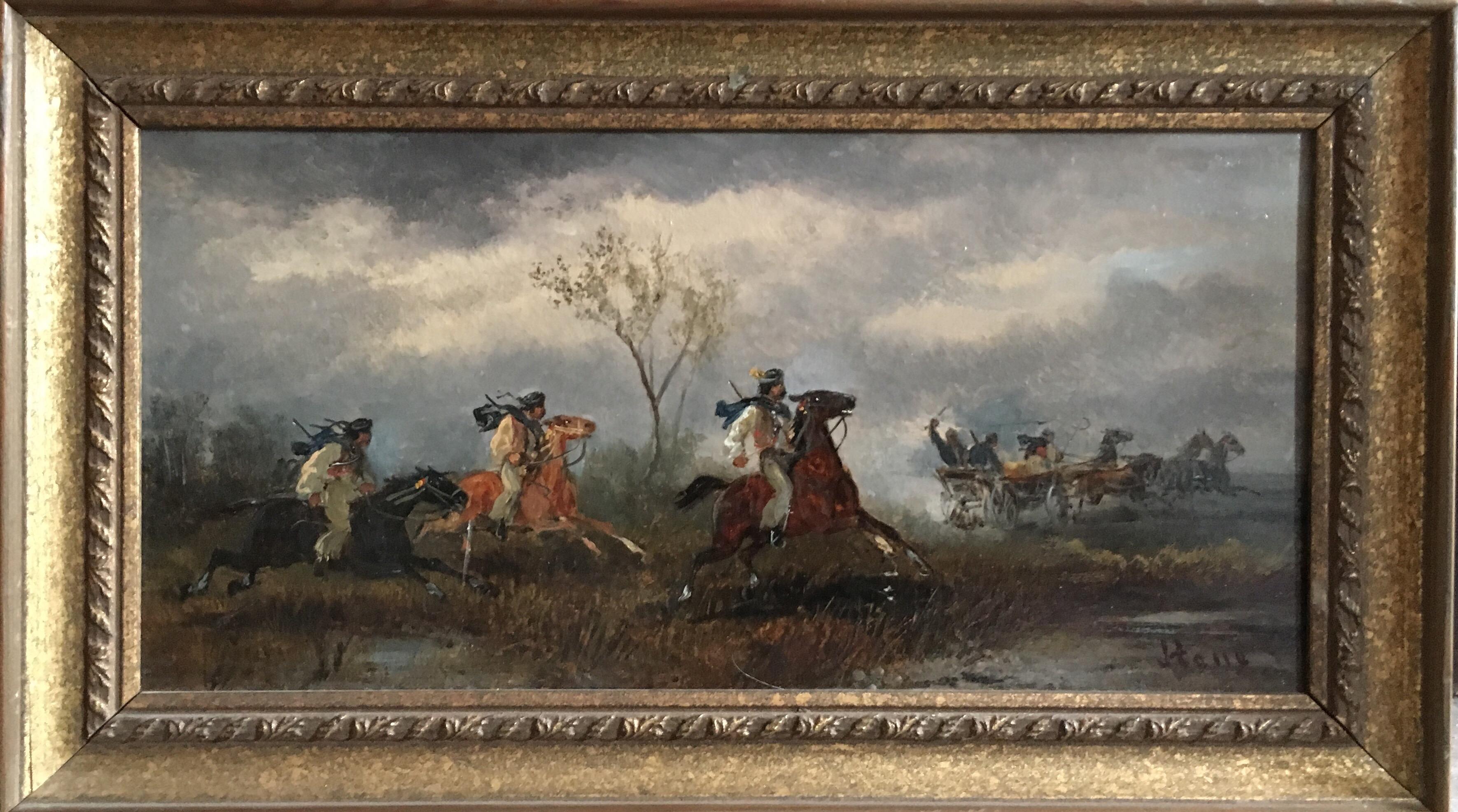 Buccaneers, Signed Antique British Oil Painting, Horses Galloping