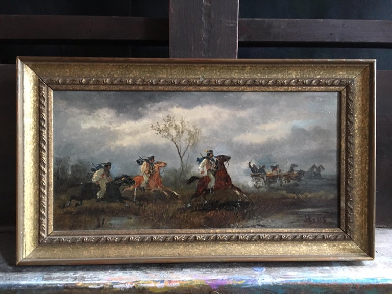 Buccaneers
by Rudolf Stone, British late 19th century
Signed by the artist on the lower left hand corner
Oil painting on wood panel, framed
Framed size: 8 x 14 inches

Wonderful portrayal of some travellers, making their way along a dusty road, with