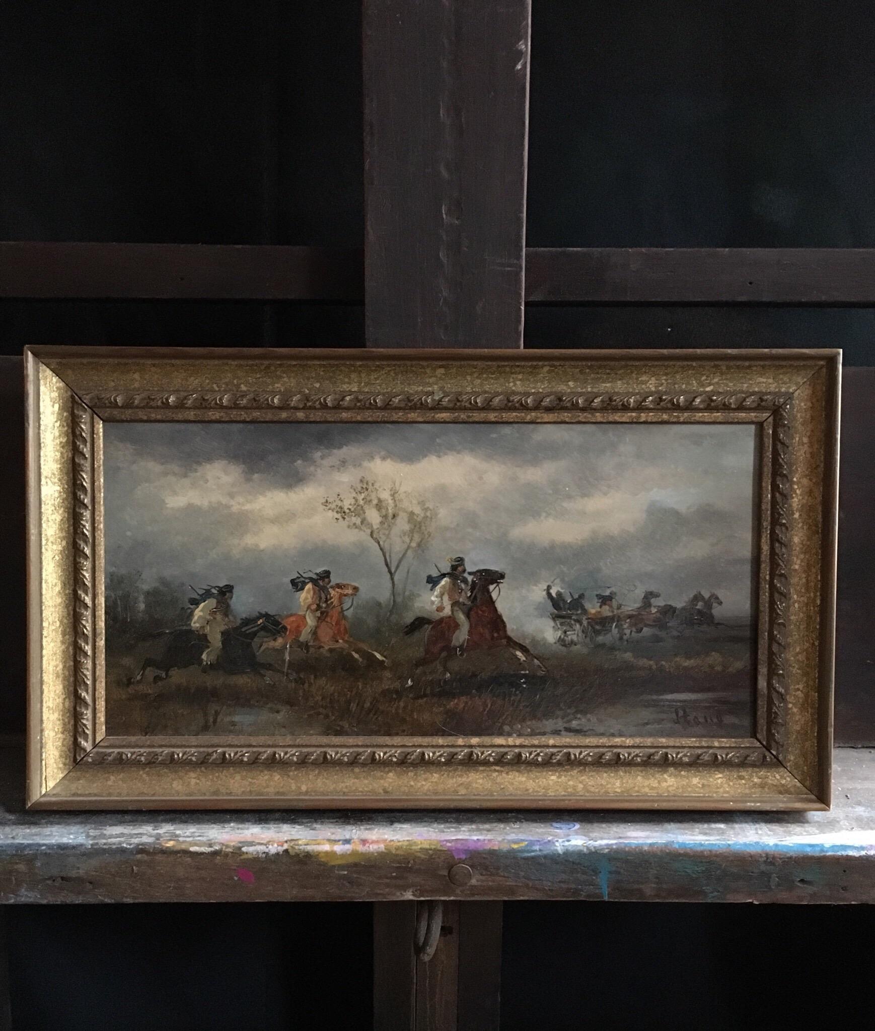 Buccaneers
by Rudolf Stone, British late 19th century
Signed by the artist on the lower left hand corner
Oil painting on wood panel, framed
Framed size: 8 x 14 inches

Wonderful portrayal of some travellers, making their way along a dusty road, with