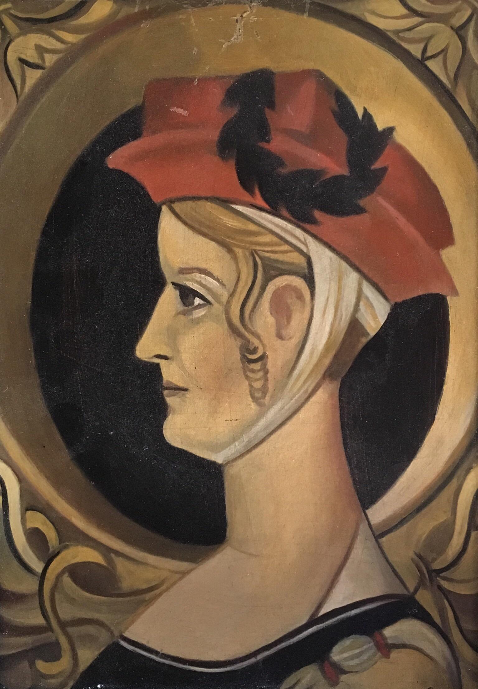 Unknown Portrait Painting – Lady with the Red Hat Porträt, Original-Ölgemälde