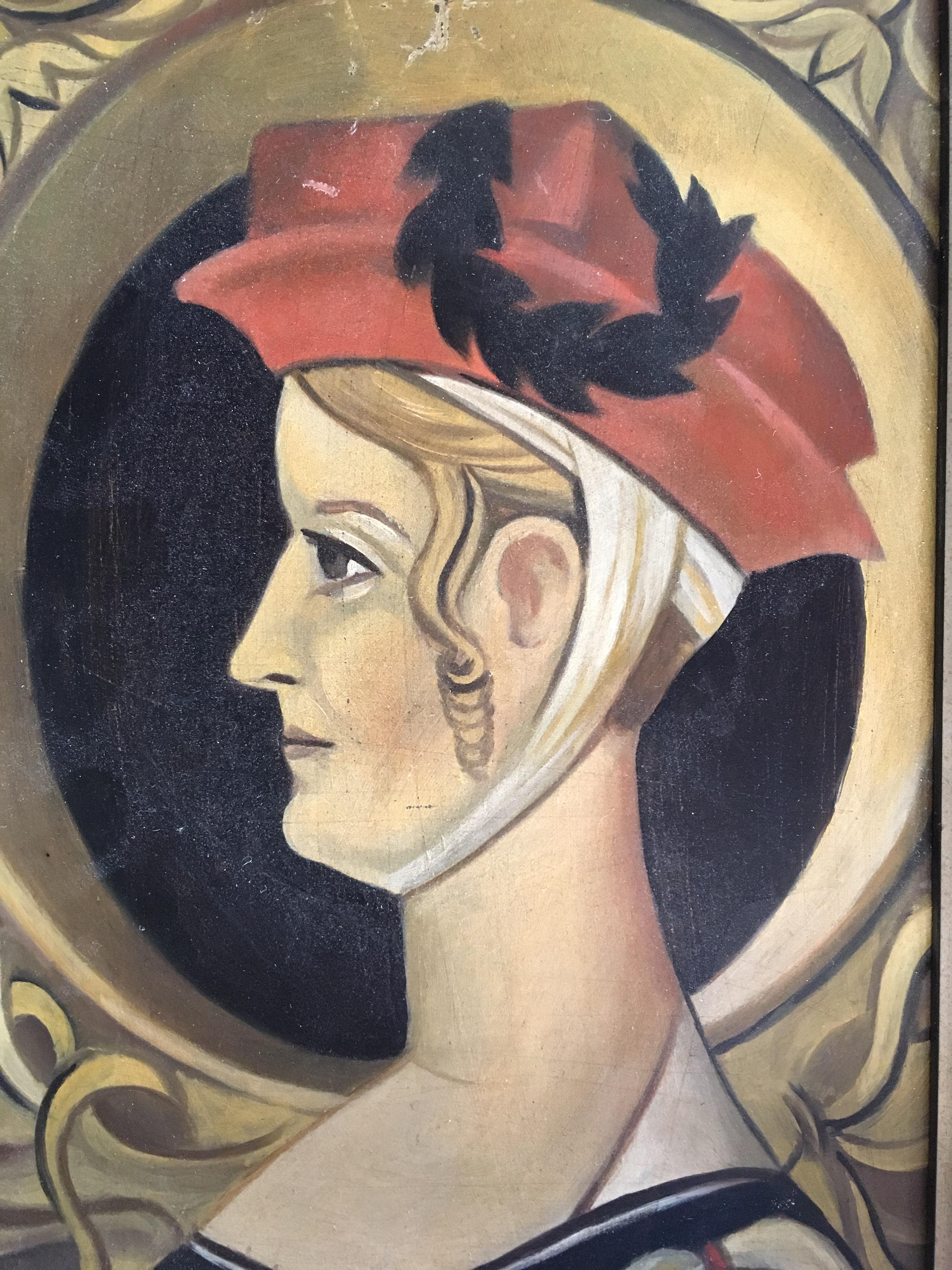 Lady with the Red Hat Porträt, Original-Ölgemälde (Braun), Portrait Painting, von Unknown