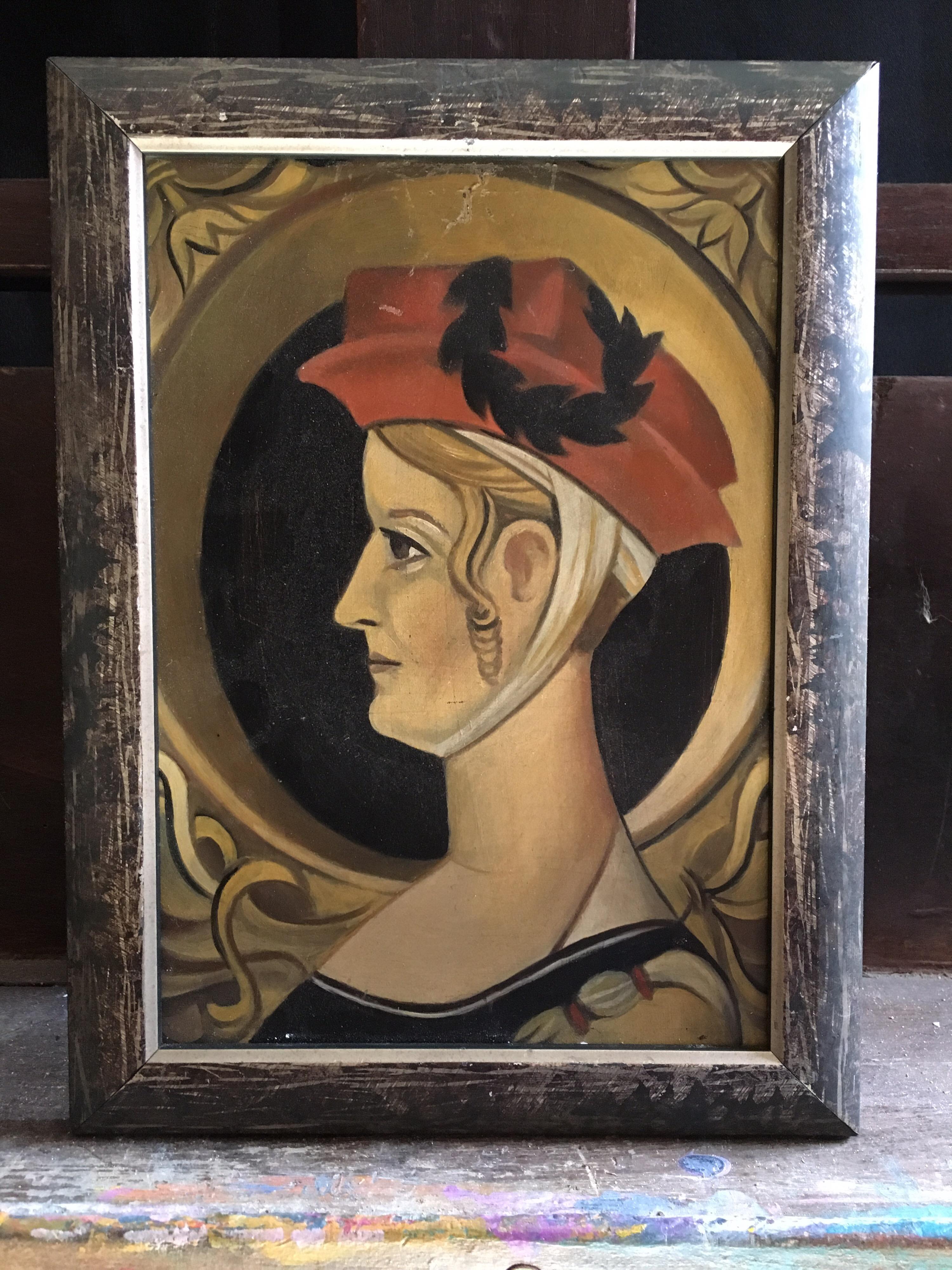Lady with the Red Hat, Impressionist Portrait, Original Oil Painting
By European Schooled artist, Mid 20th Century
Oil painting on metal, framed
Framed size: 10.5 x 8 inches

Fabulous portrait of a blonde lady, with her golden hair tucked into a