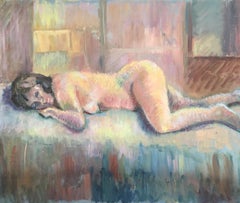 Retro Impressionist Nude, British Artist, Strong Colours, Original Oil Painting