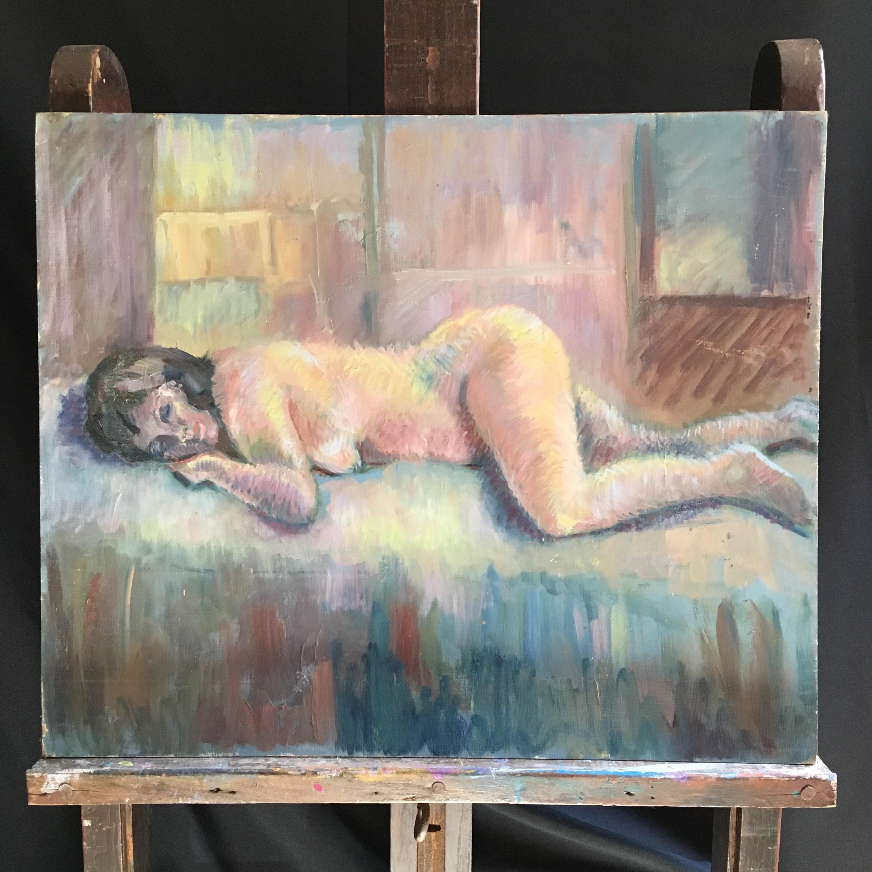 Impressionist Nude, British Artist, Strong Colours, Original Oil Painting
By British artist, Beryl Darton, Mid 20th Century
Oil painting on board, unframed
Board size: 20 x 24 inches

Fabulous large impressionist nude. This is a striking piece of