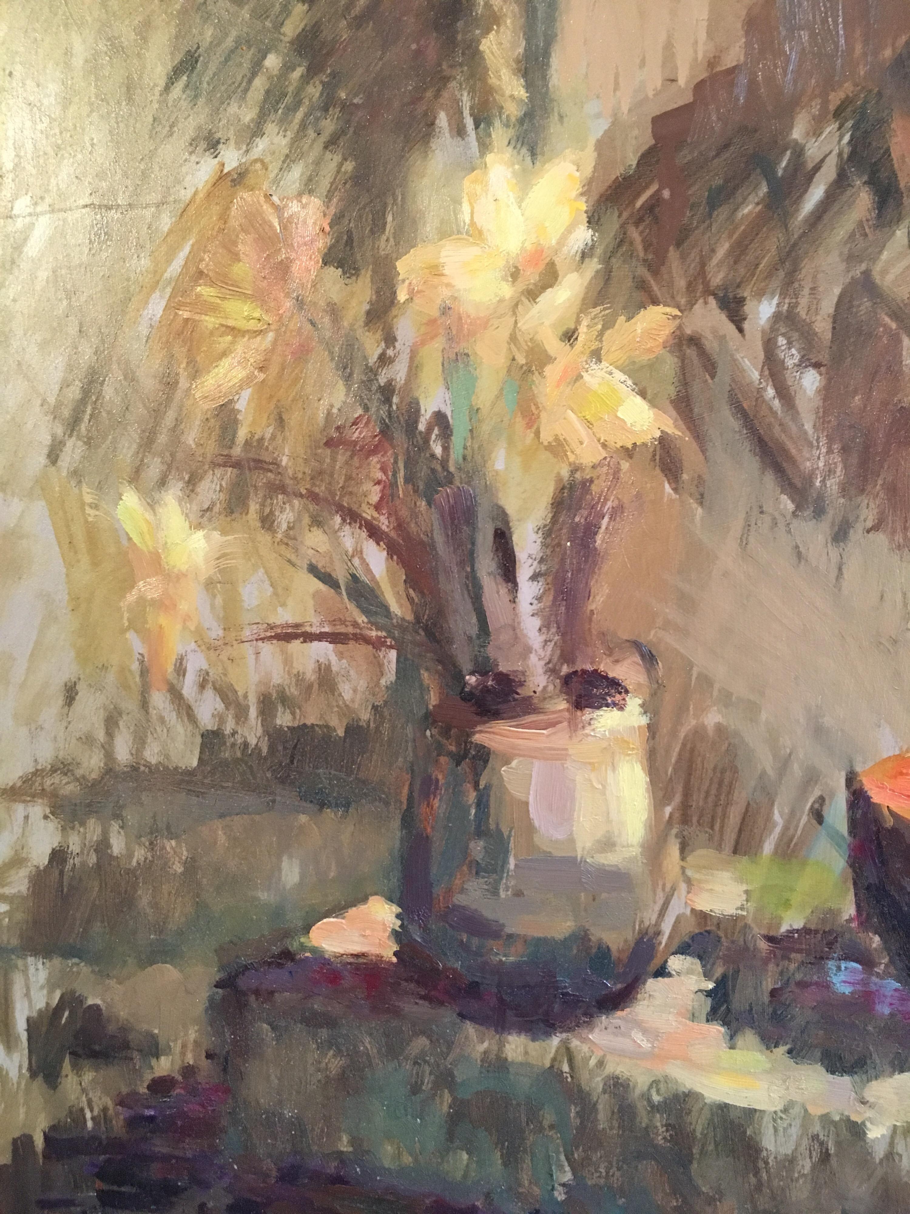 Naturaleza muerta abstracta, colores apagados, pintura al óleo original - Still-Life Painting Beige de Beryl Darton