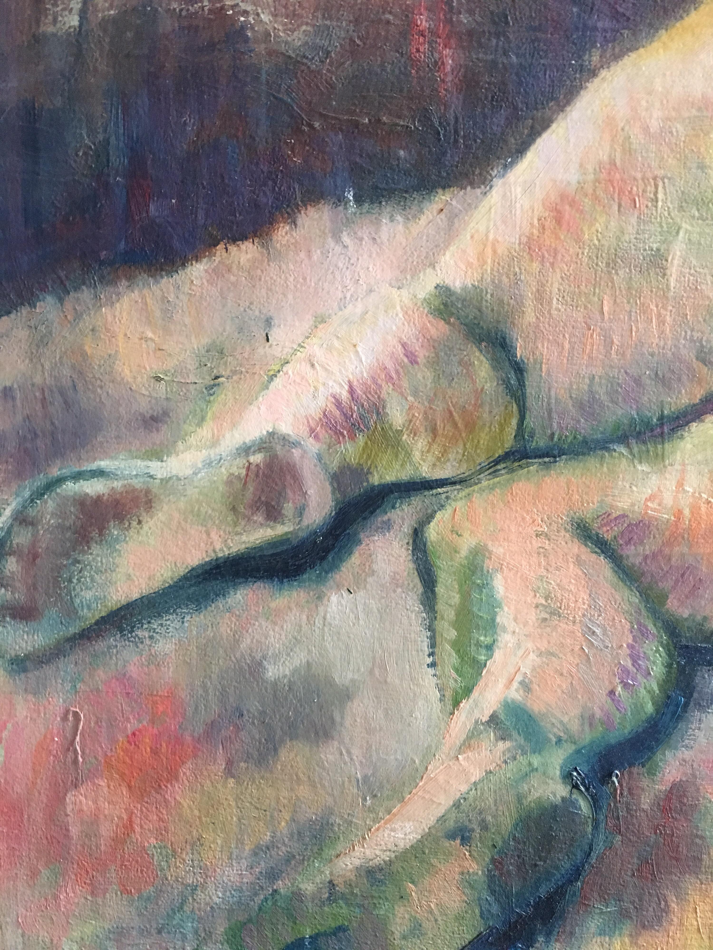 Femme nue, peinture à l'huile abstraite, milieu du 20e siècle, artiste britannique
Par l'artiste britannique Beryl Darton, milieu du 20e siècle.
Peinture à l'huile sur carton, non encadrée
Taille du tableau : 18 x 24 pouces

Fabuleux grand nu