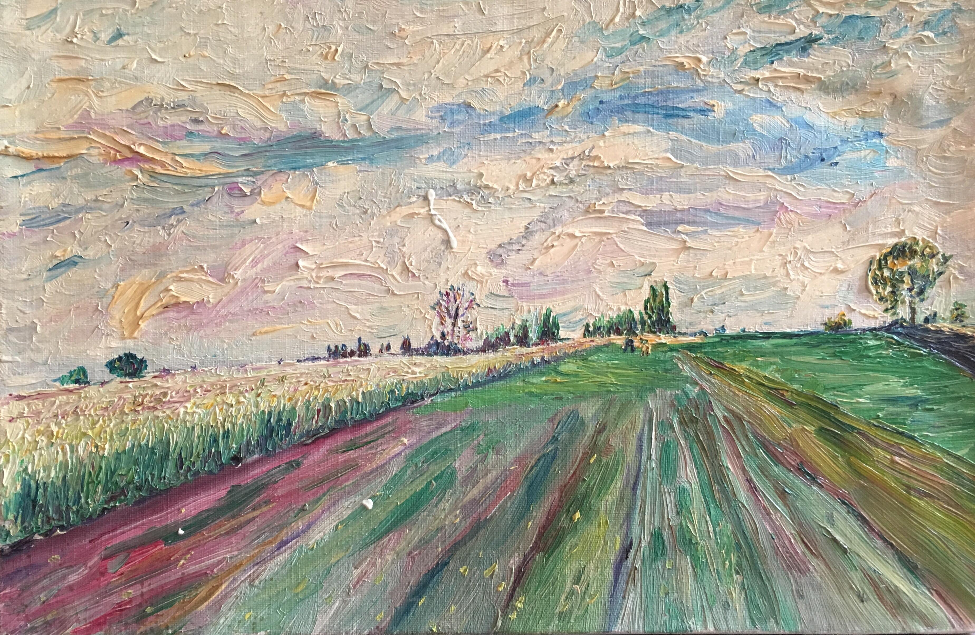 Unknown Still-Life Painting - Pink Fields, Impressionist Landscape, Pastel Colours, Oil Painting