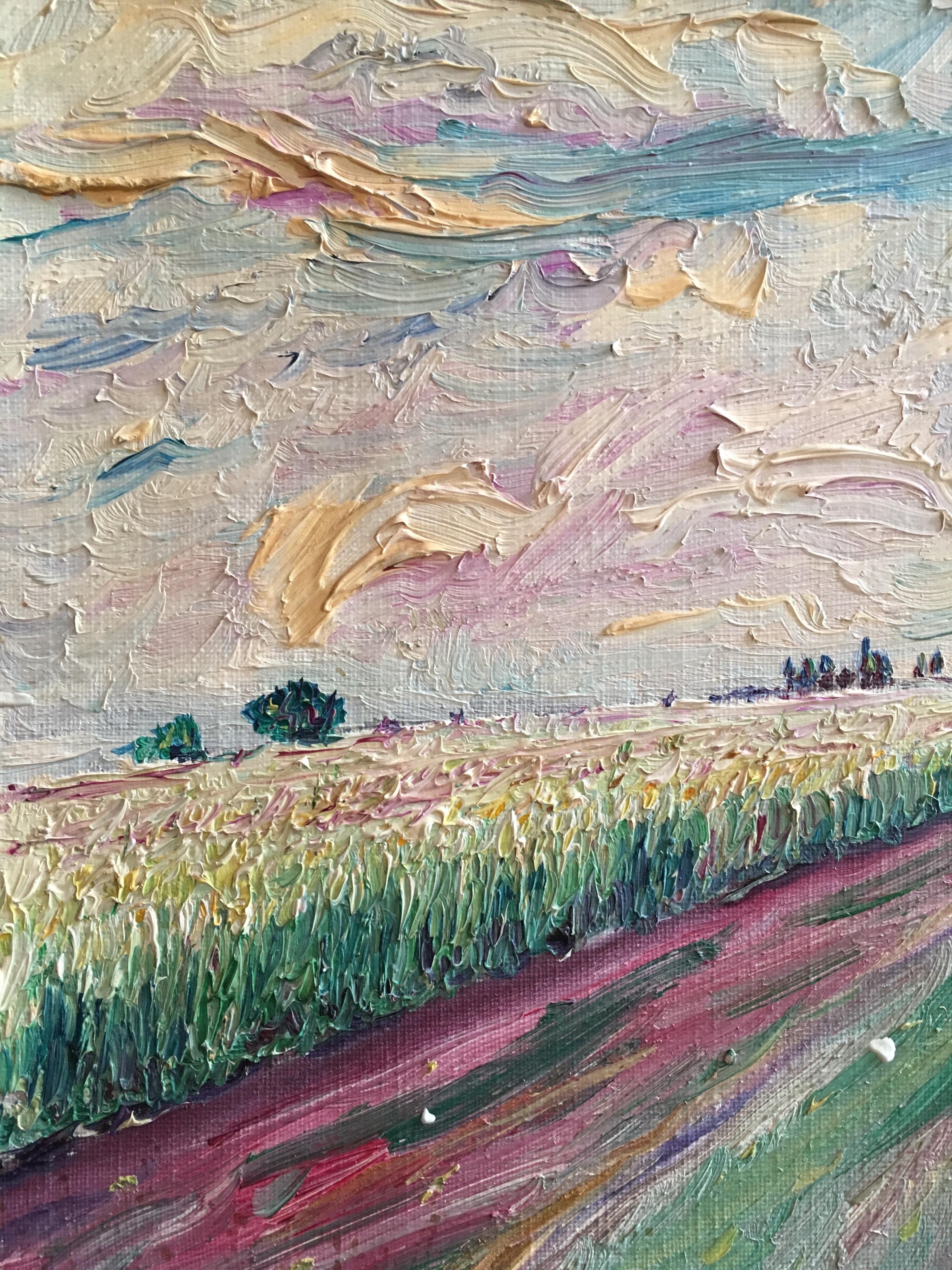 Pink Fields, Impressionist Landscape, Pastel Colours, Oil Painting - Brown Still-Life Painting by Unknown