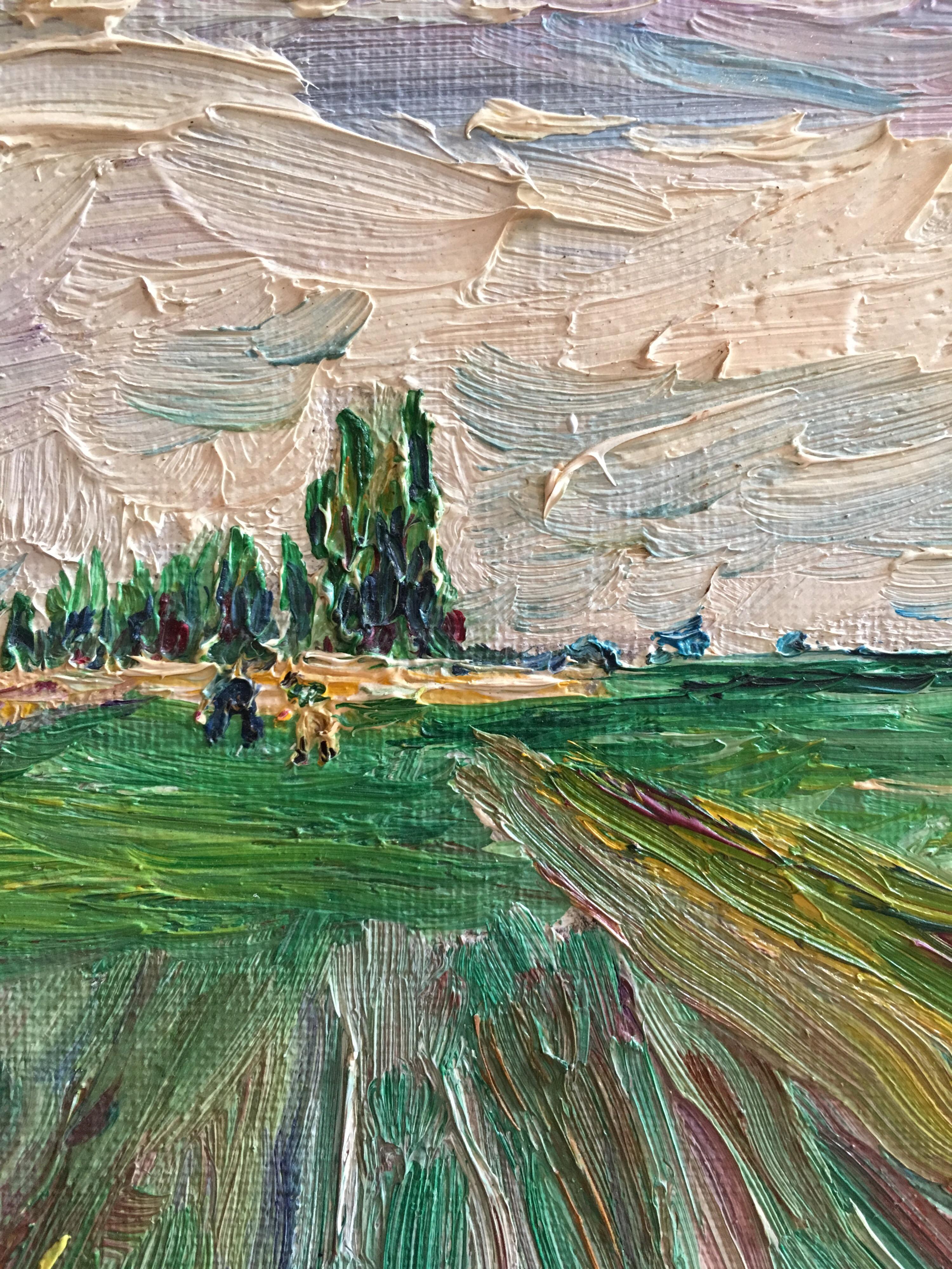 Pink Fields, Impressionist Landscape, Pastel Colours, Oil Painting
French School, Mid 20th Century
Oil painting on canvas, unframed
Canvas size: 10.5 x 16 inches

Sunset pink fields, showing a soft dappled light, with muted pastels. 

This oil