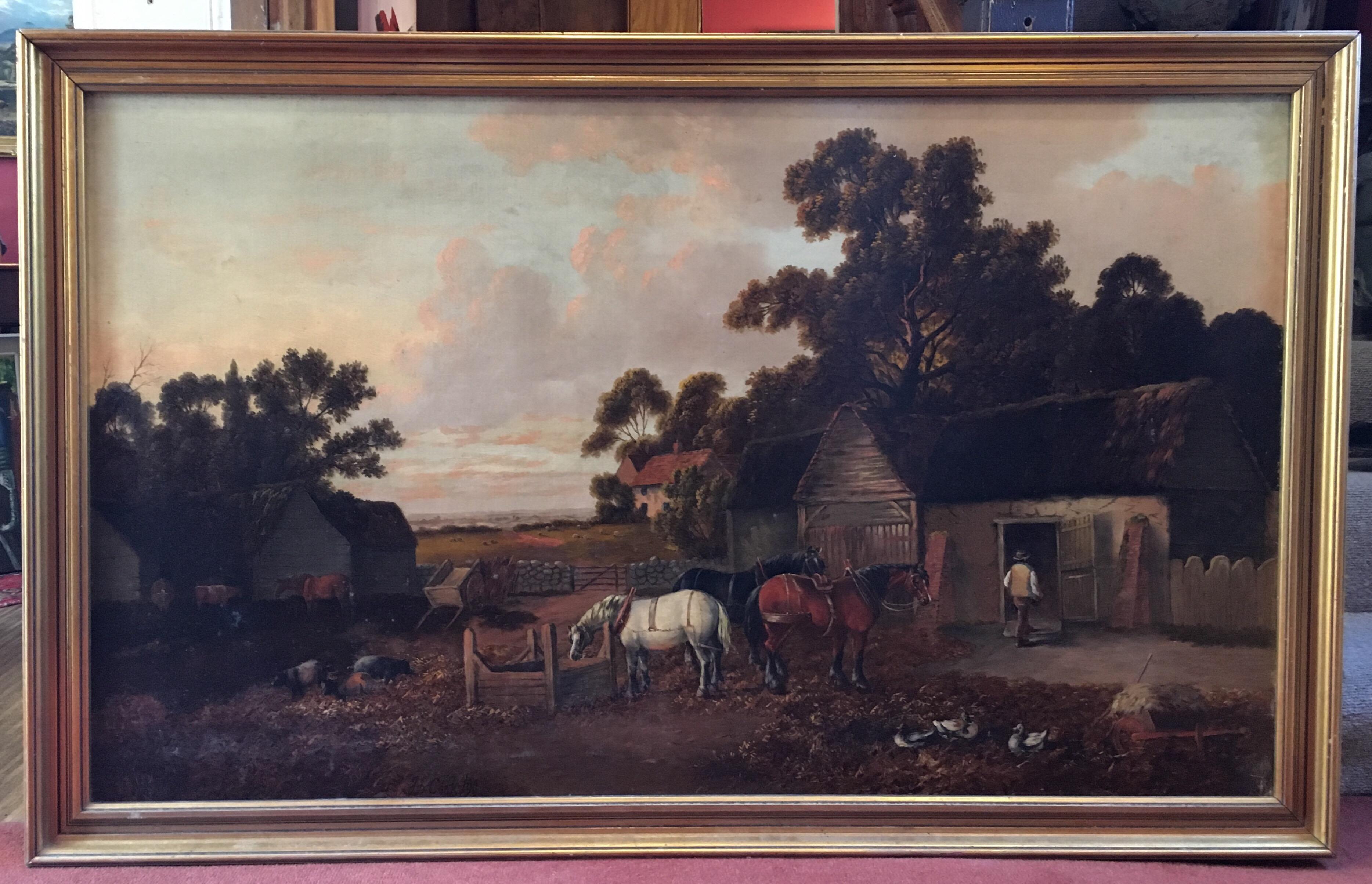Victorian Rustic Agricultural Farm Landscape, Signed Original Oil - Painting by J.B. Cook