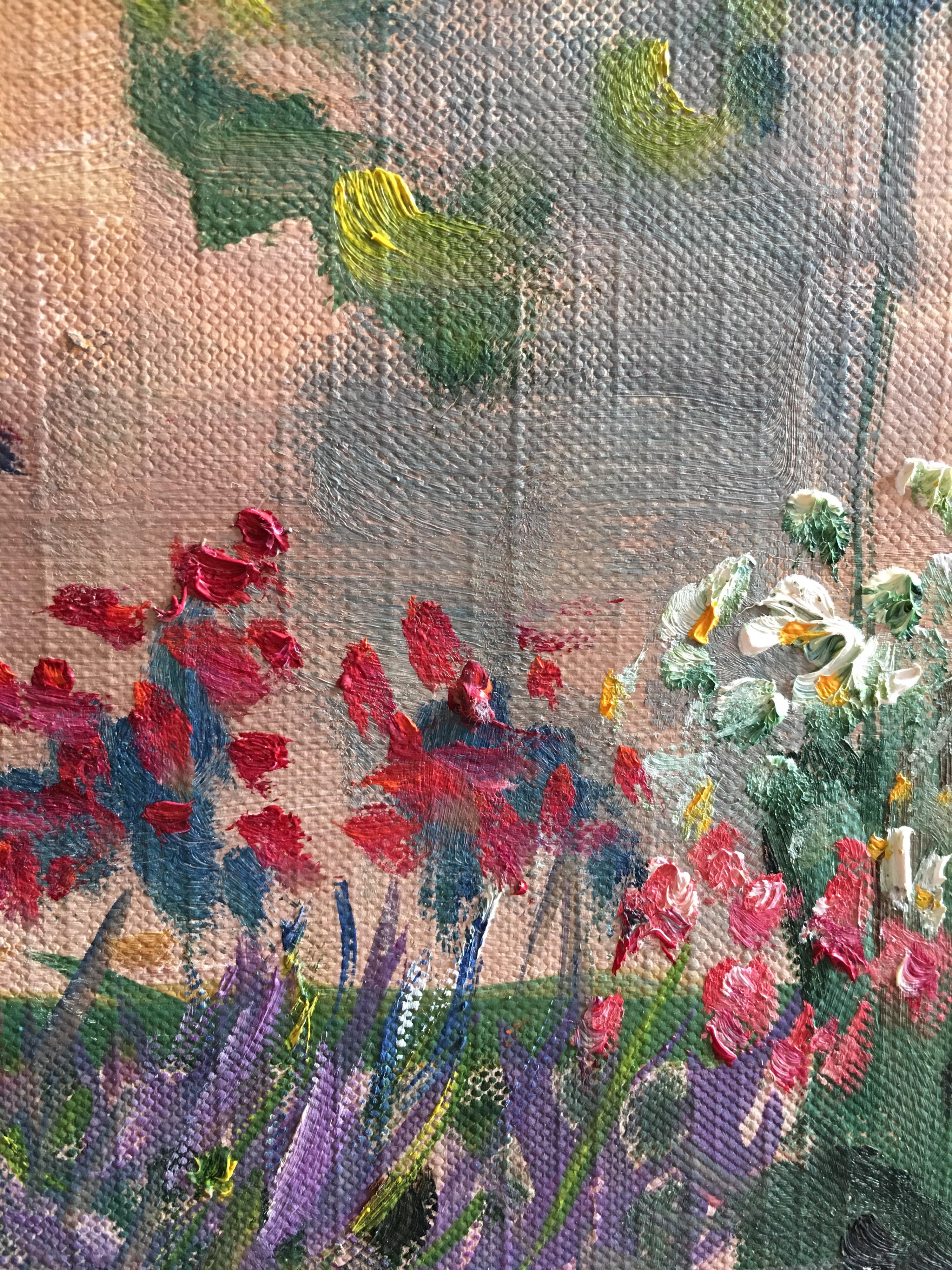Colourful Spring Garden, French Original Oil Painting
French School 20th Century
Oil painting on thin card/paper, unframed
Card size: 9 x 15 inches

Delightful French Impressionist oil painting, depicting the joyful front garden of a hidden little
