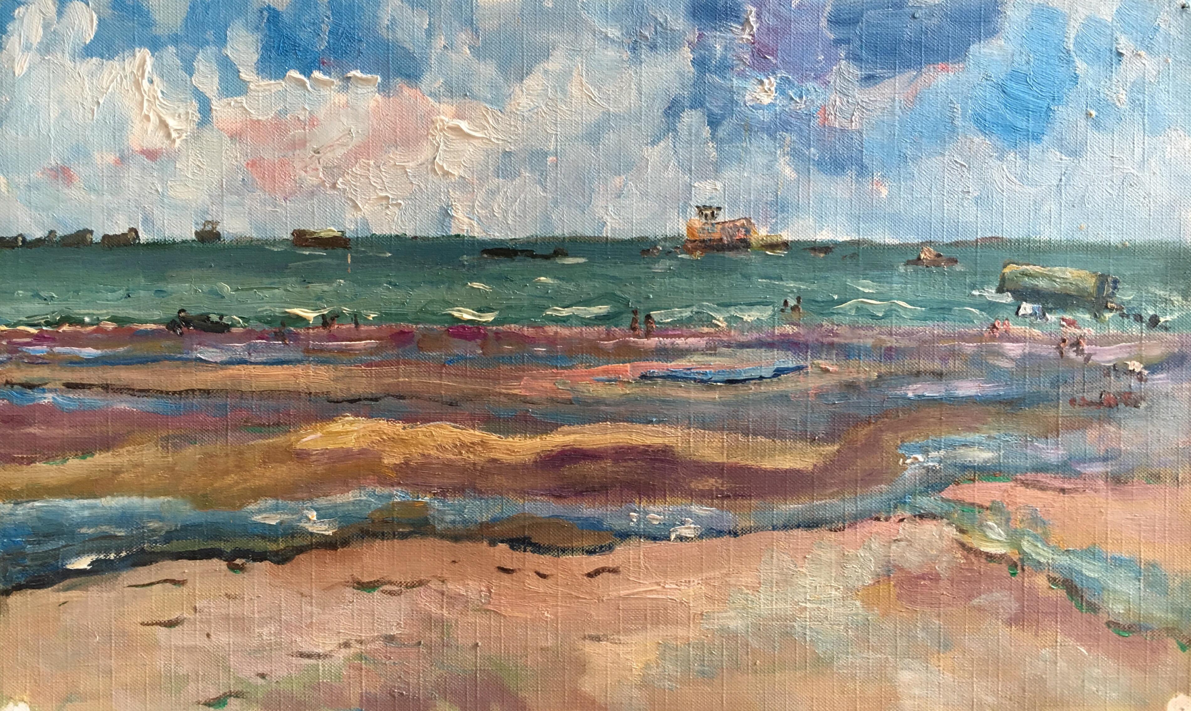 Out to Sea, Beach Scene with Choppy Seas French Original Oil Painting