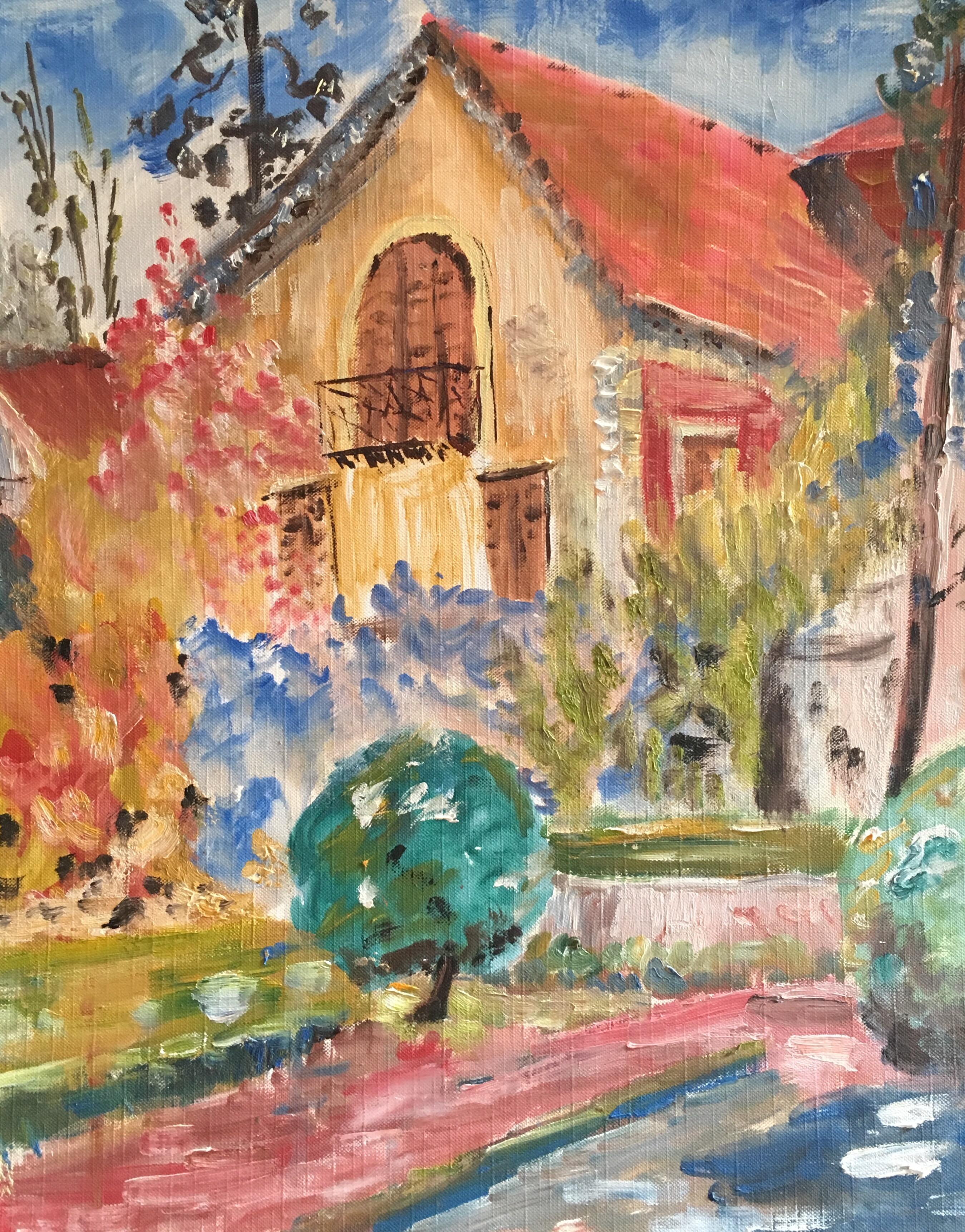 Landscape Painting Unknown - Joli balcon français, paysage floral, peinture à l'huile originale