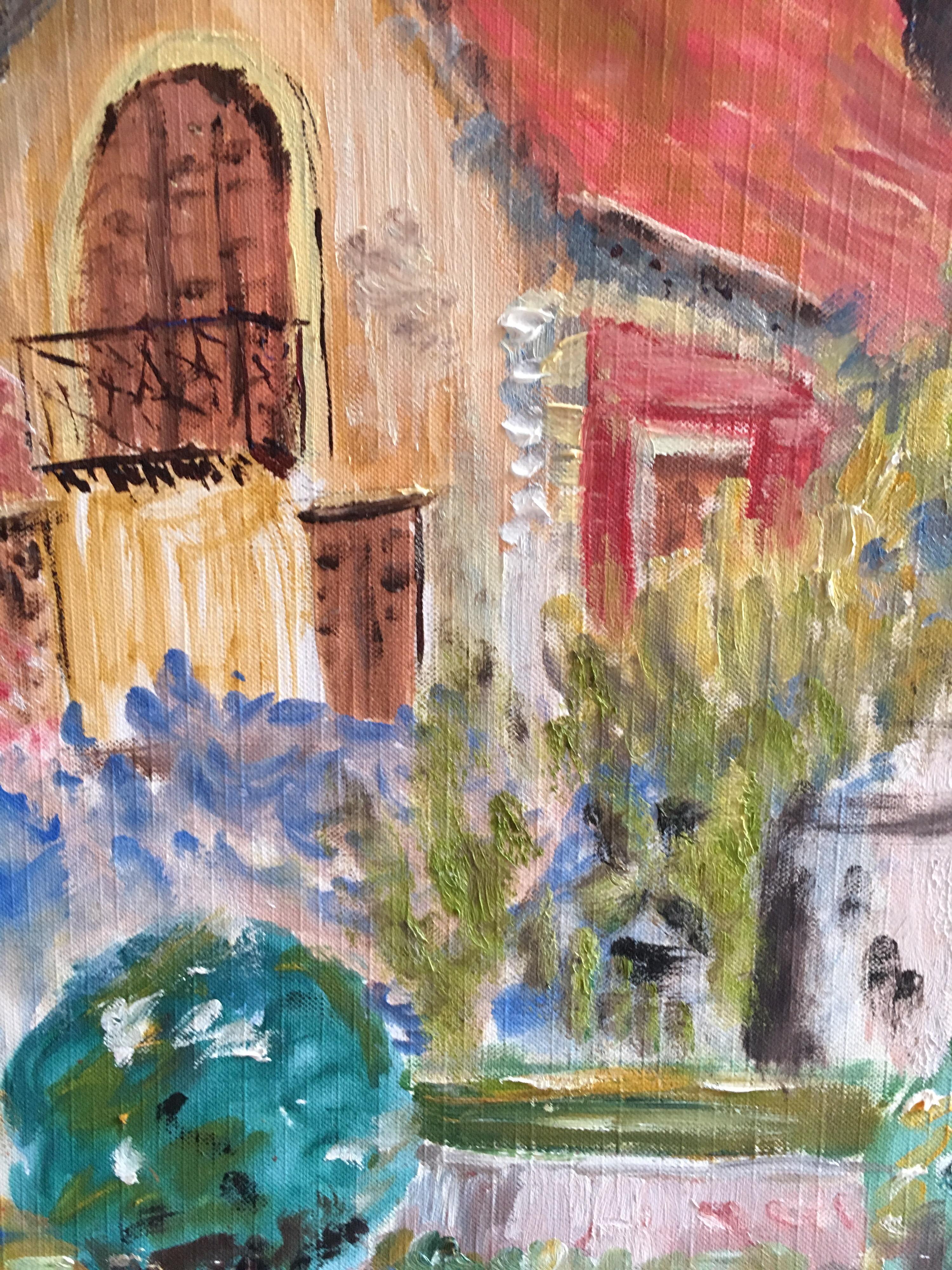 Joli balcon français, paysage floral, peinture à l'huile originale - Marron Landscape Painting par Unknown