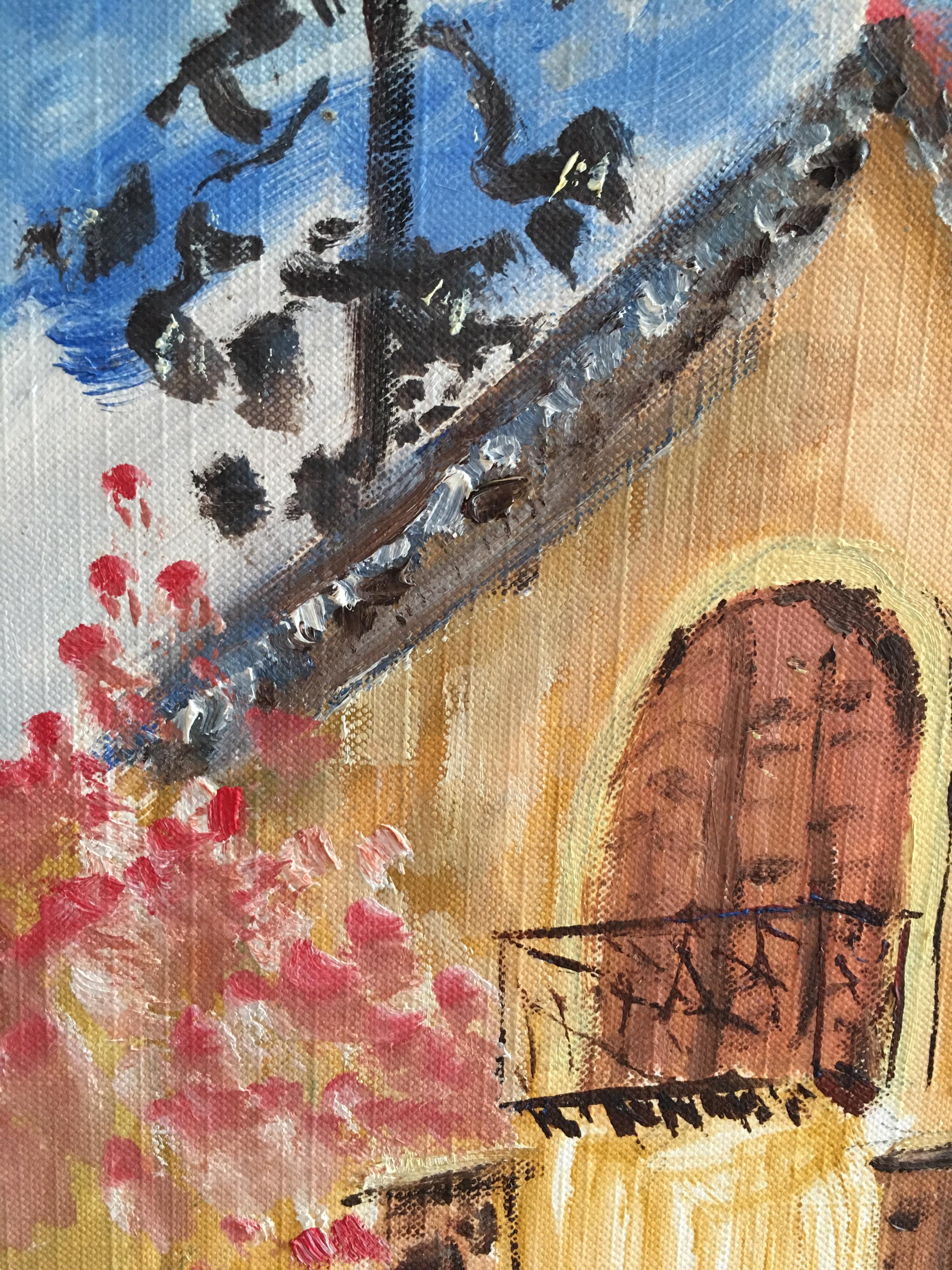 Joli balcon français, paysage floral, peinture à l'huile originale
École française, 20e siècle
Peinture à l'huile sur carton/papier fin, non encadrée
Taille de la carte : 16 x 13 pouces

Délicieuse peinture à l'huile impressionniste française,