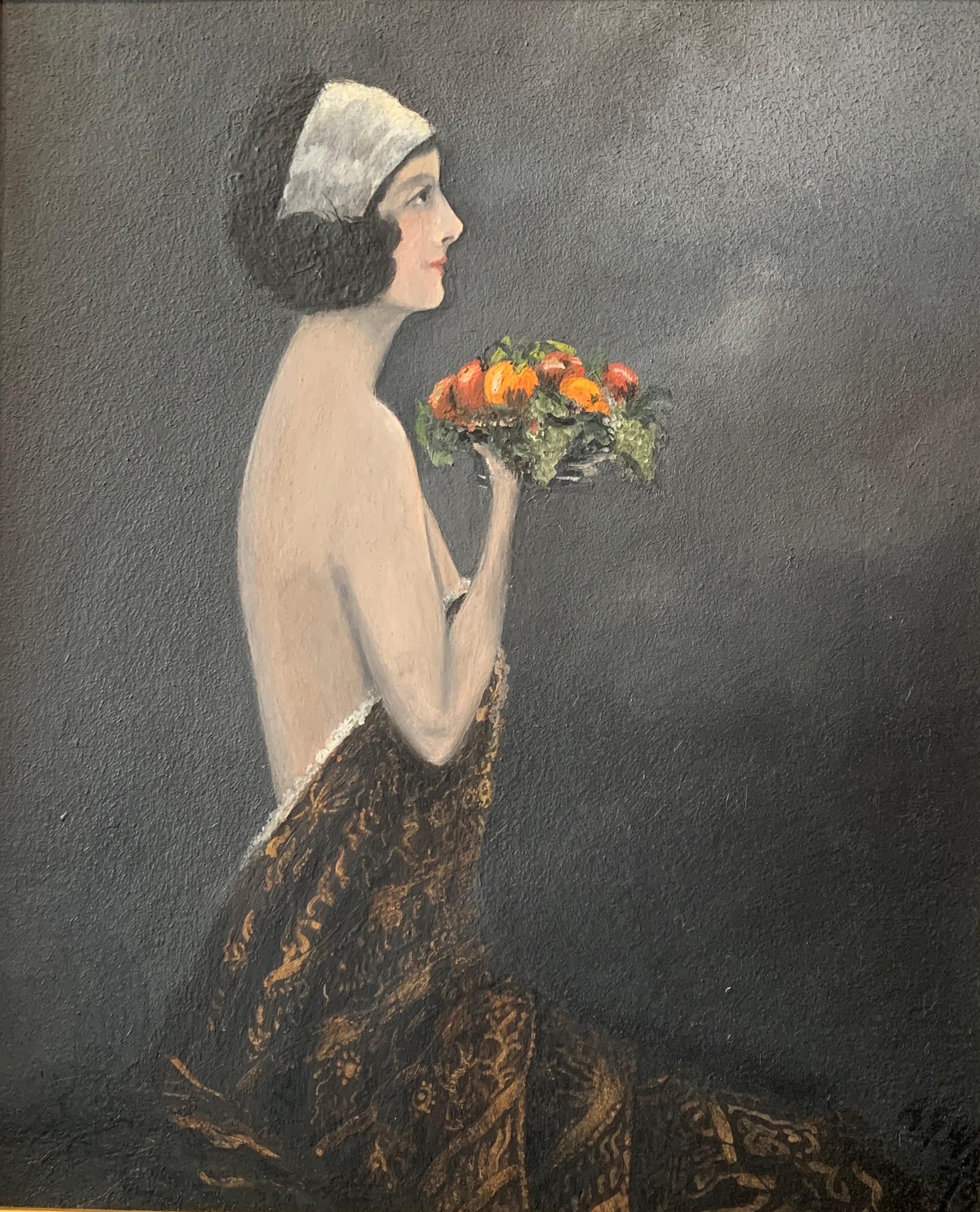 A. G. Wright Portrait Painting – Frühes britisches Porträt:: halbakt:: Jungfrau mit Obst:: signiertes Ölgemälde:: frühe 1900er Jahre