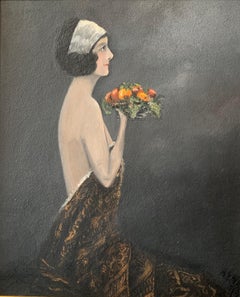 Antique Early 1900's British Portrait Semi Nude Maid holding Fruit Signed Oil Painting