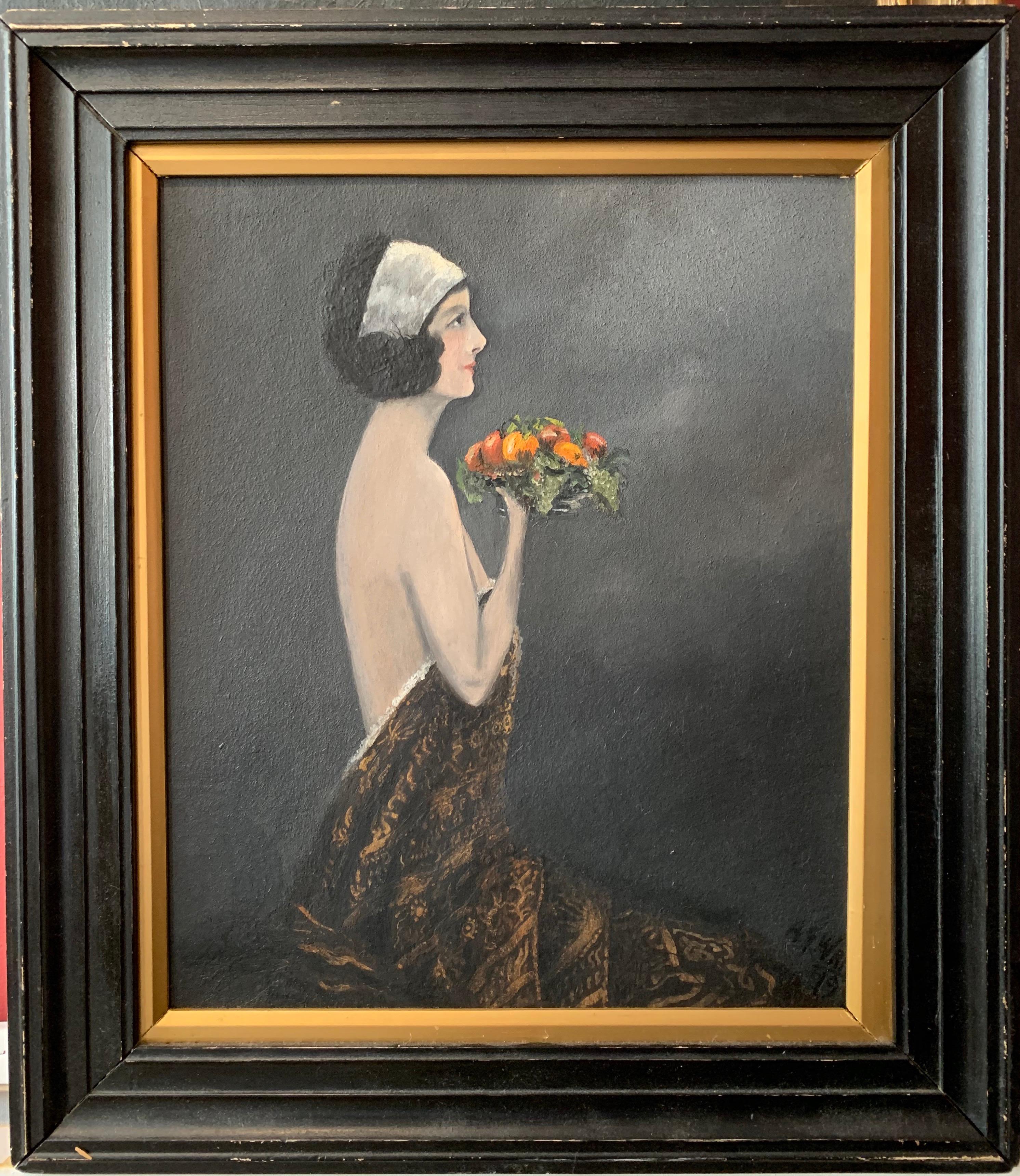 Frühes britisches Porträt:: halbakt:: Jungfrau mit Obst:: signiertes Ölgemälde:: frühe 1900er Jahre – Painting von A. G. Wright