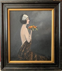 Early 1900's British Portrait Semi Nude Maid holding Fruit Signed Oil Painting