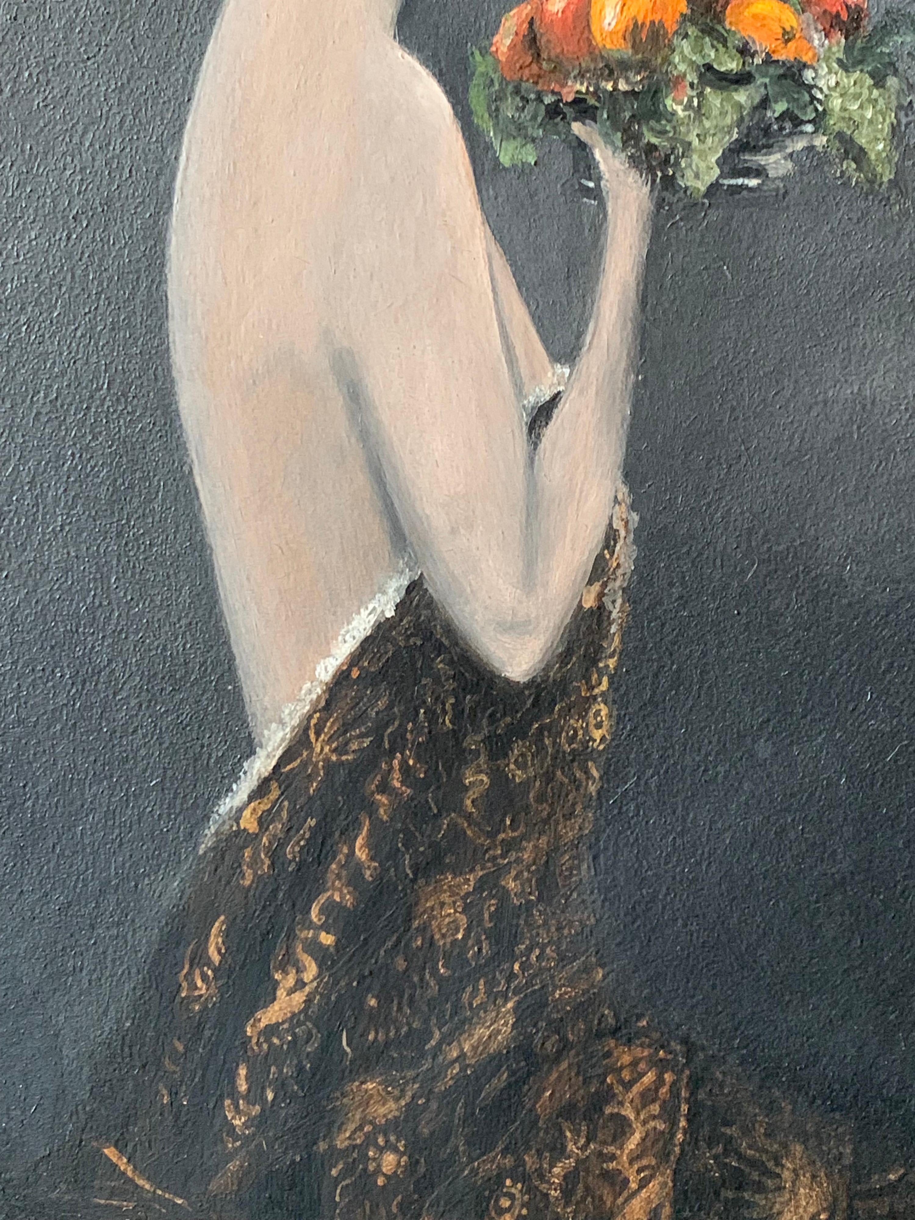 Frühes britisches Porträt:: halbakt:: Jungfrau mit Obst:: signiertes Ölgemälde:: frühe 1900er Jahre (Grau), Portrait Painting, von A. G. Wright