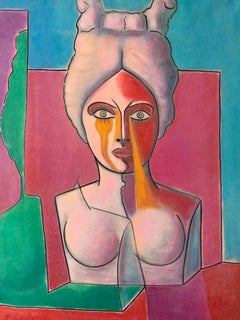 Grand portrait abstrait français abstrait d'une femme signé, huile sur toile