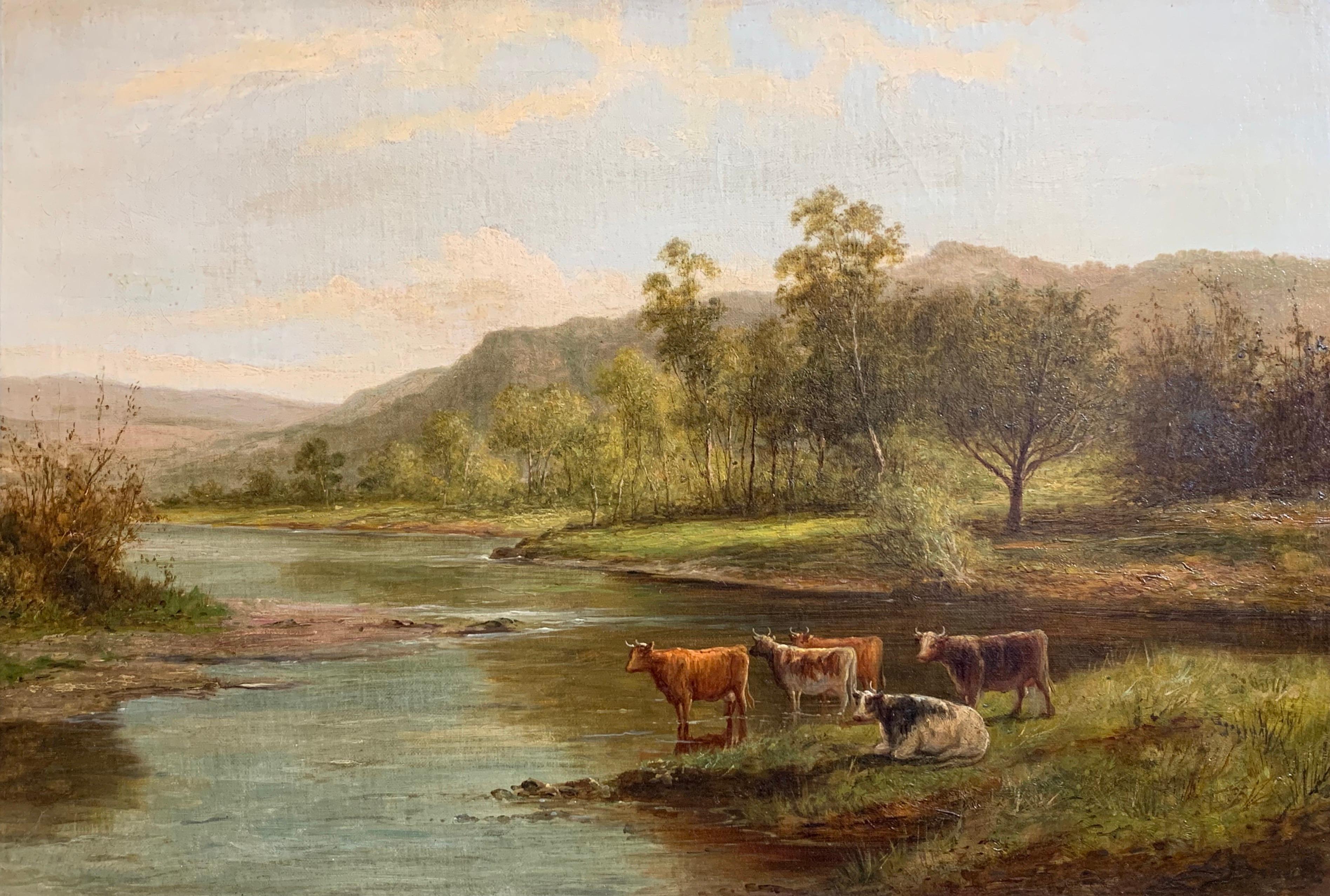 J. Marshall Animal Painting - Victorian Signed Oil Painting Cattle Watering River English Landscape Framed