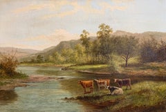 Victorian Signed Oil Painting Cattle Watering River English Landscape Framed