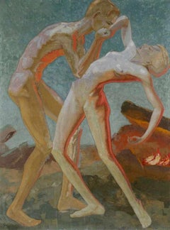 Ensemble de deux nus dansants - Grande peinture à l'huile sur toile symboliste allemande:: années 1920