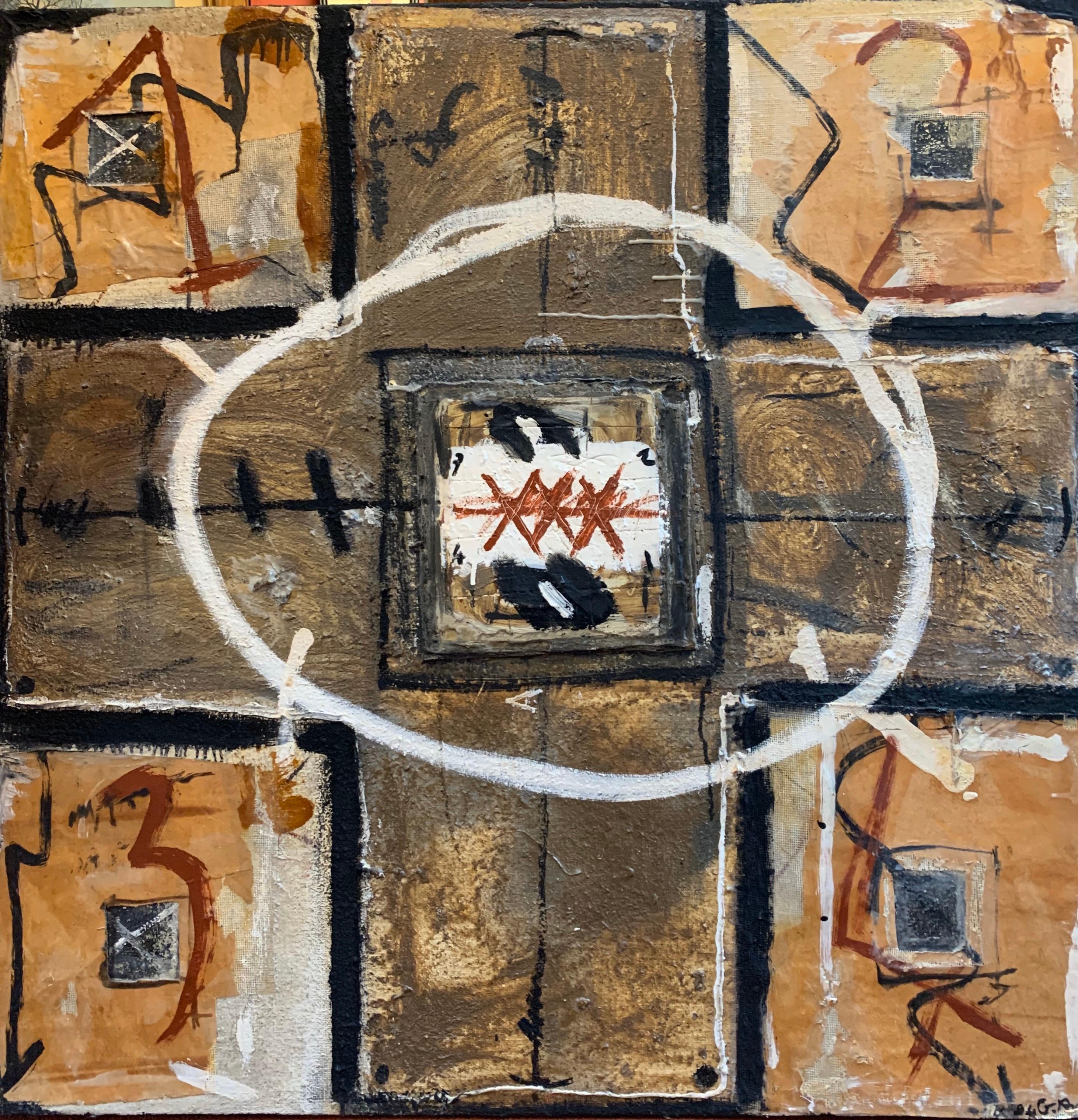 Enorme cuadro abstracto contemporáneo francés con collage fechado en 1994, firmado