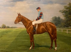 Racehorse Antique Oil Painting Equestrian Portrait with Jockey Up at Newmarket